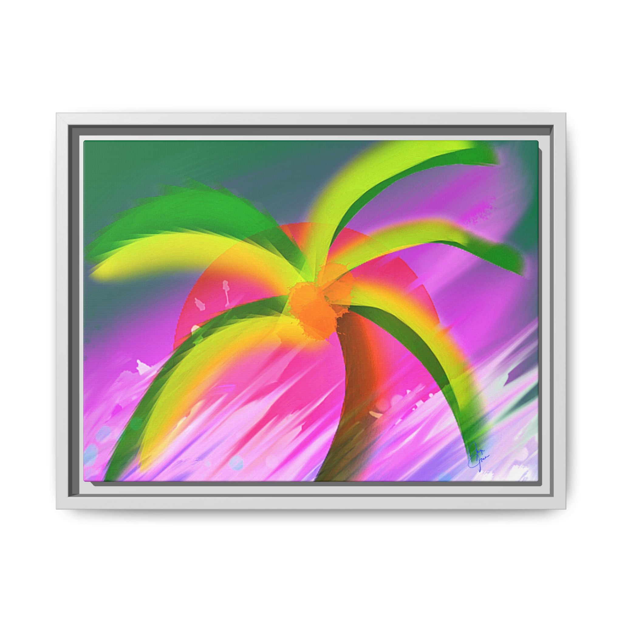 Framed Matte Canvas Print — Neon Palm Beach Art