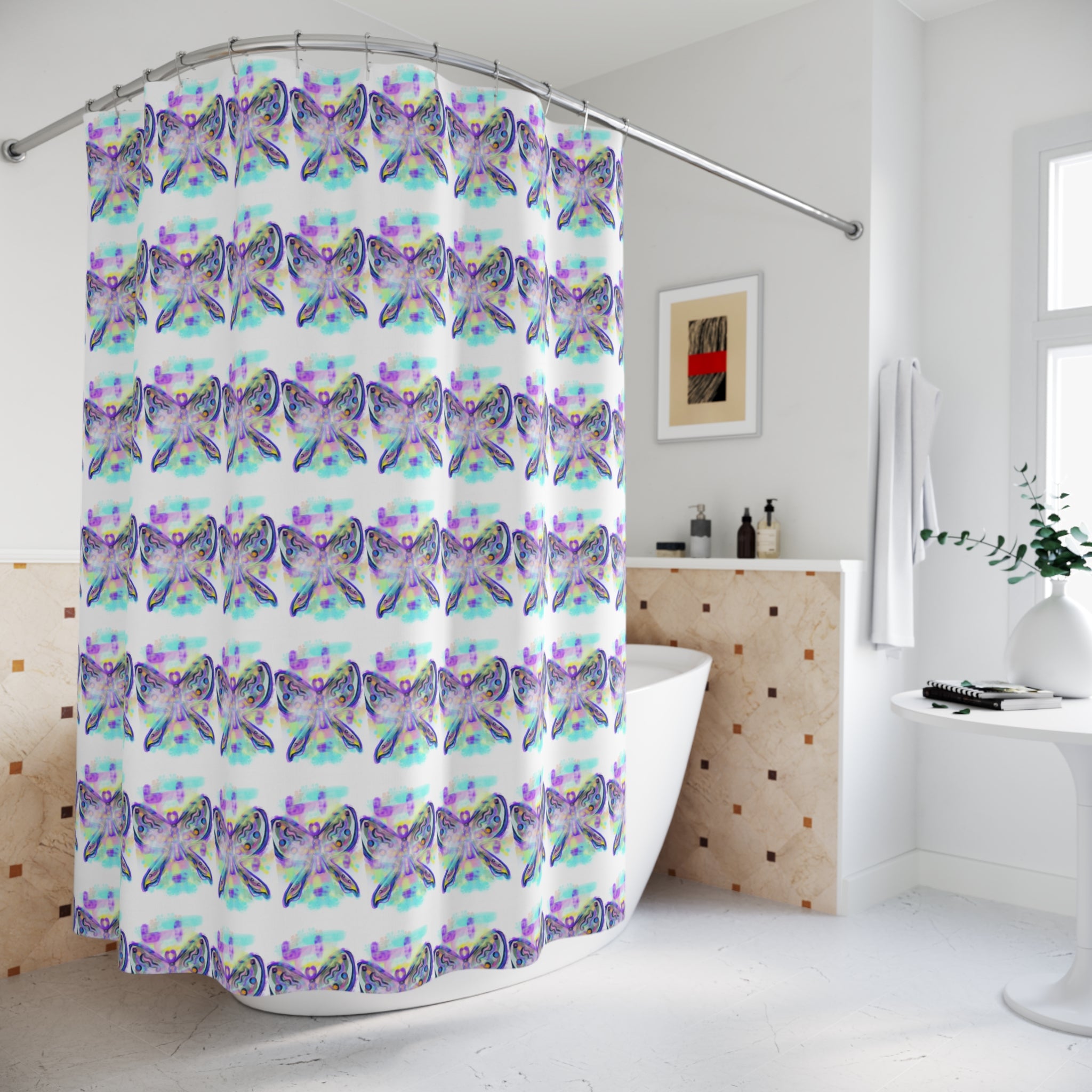 Butterfly Watercolor Shower Curtain — Pastel Iridescent Bathroom Decor