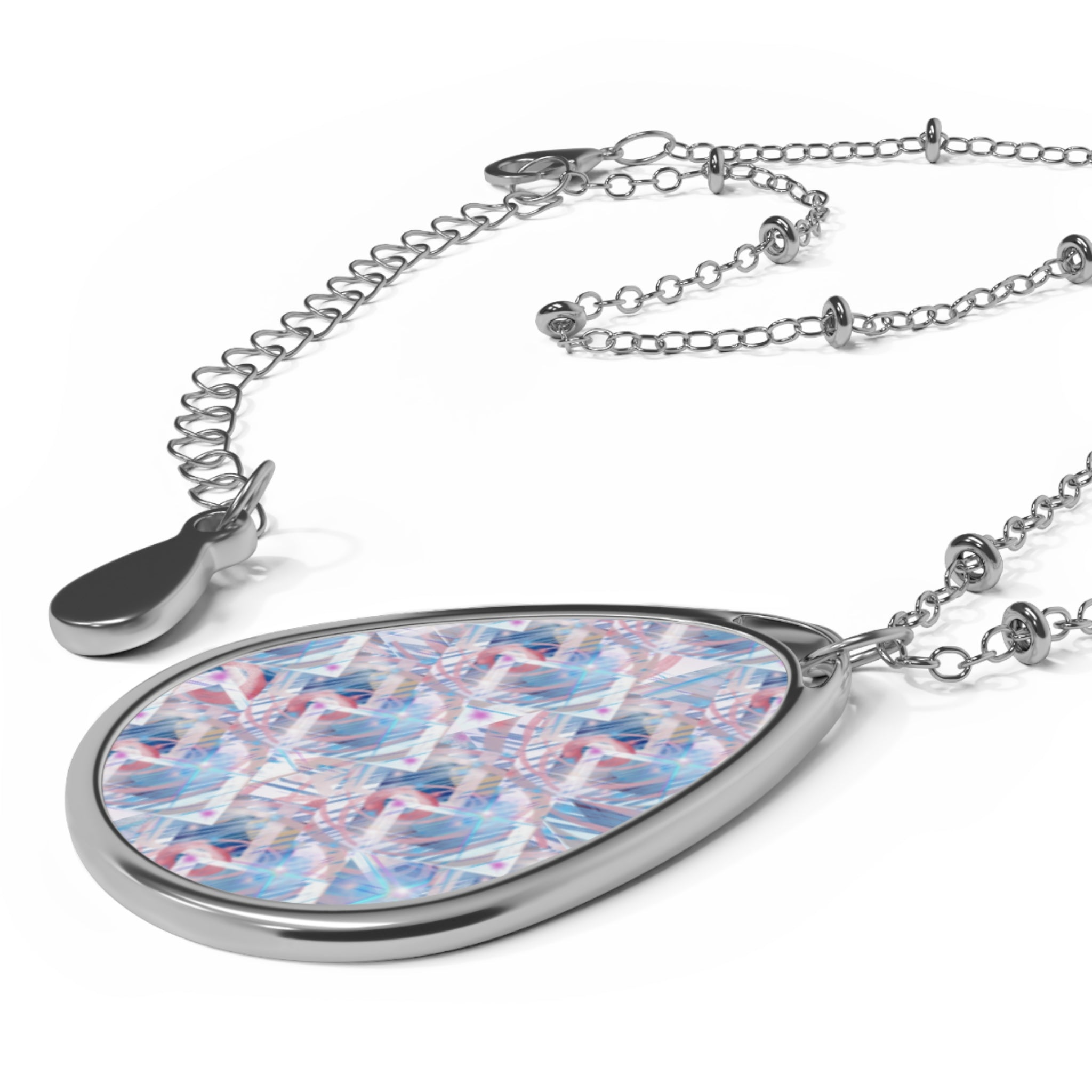 Silver Teardrop Necklace with Pastel Mosaic Pendant — Oval Necklace