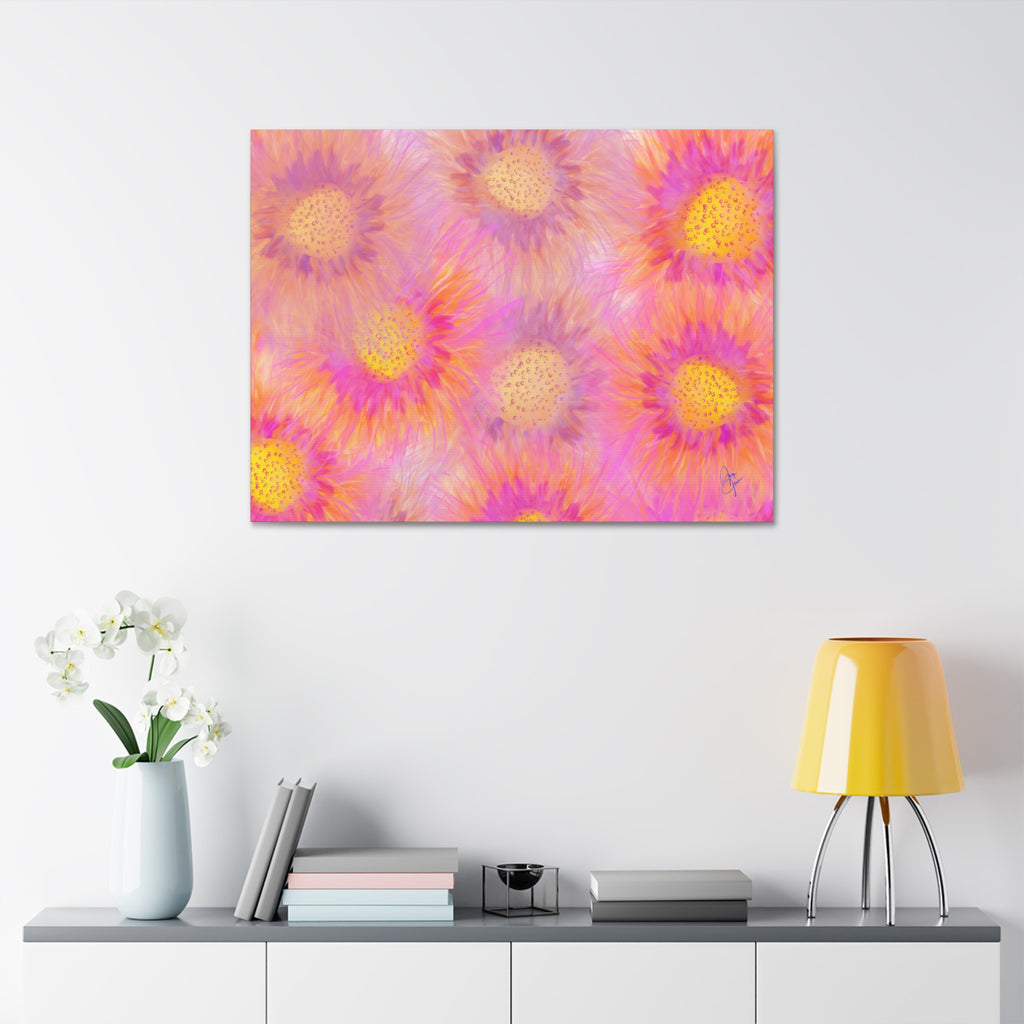 Sunburst Floral Canvas Wall Art — Pink & Yellow Abstract Sunflower Print