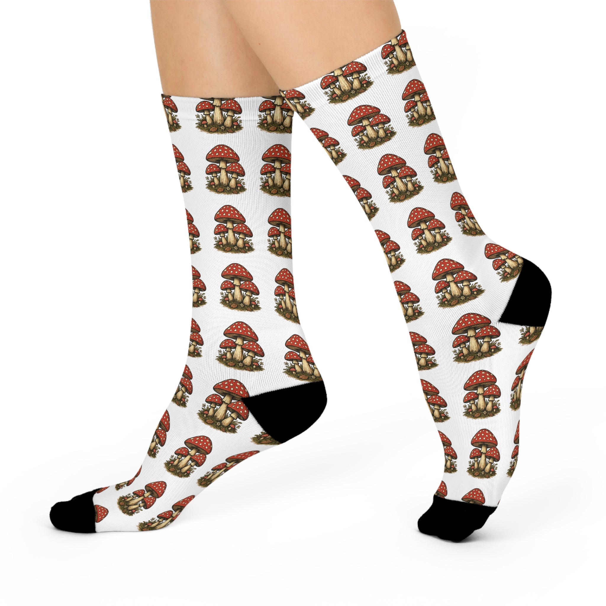 Mushroom Pattern Cushioned Crew Socks — Funky Red Toadstool Knee-High Socks