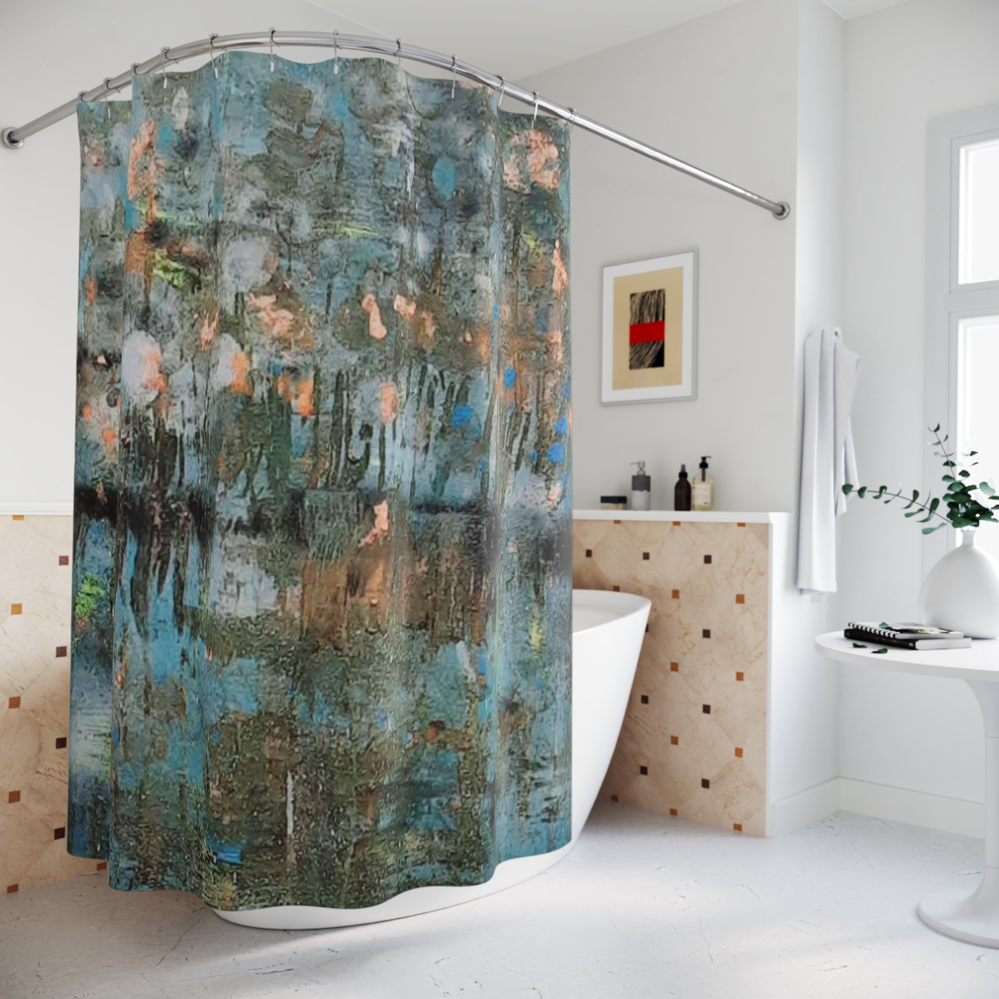 Shower Curtain — Abstract Teal & Copper Watercolor Bathroom Curtain