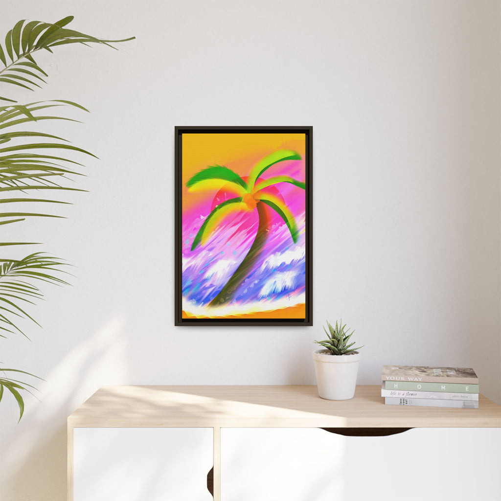 Framed Matte Canvas Print — Neon Palm Beach Art
