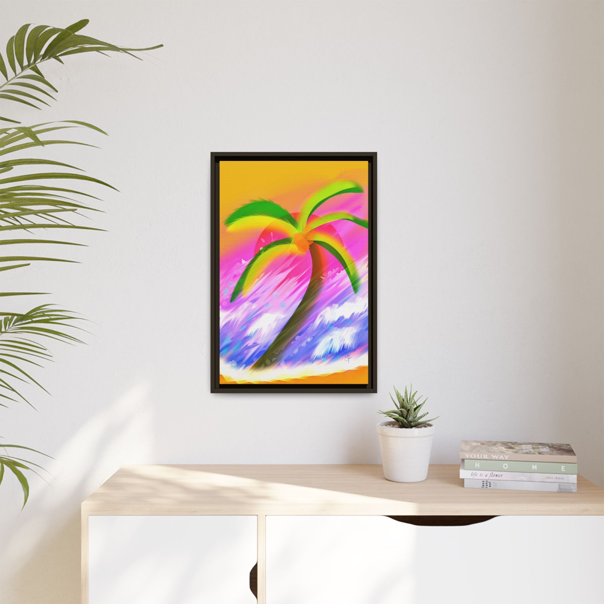 Framed Matte Canvas Print — Neon Palm Beach Art