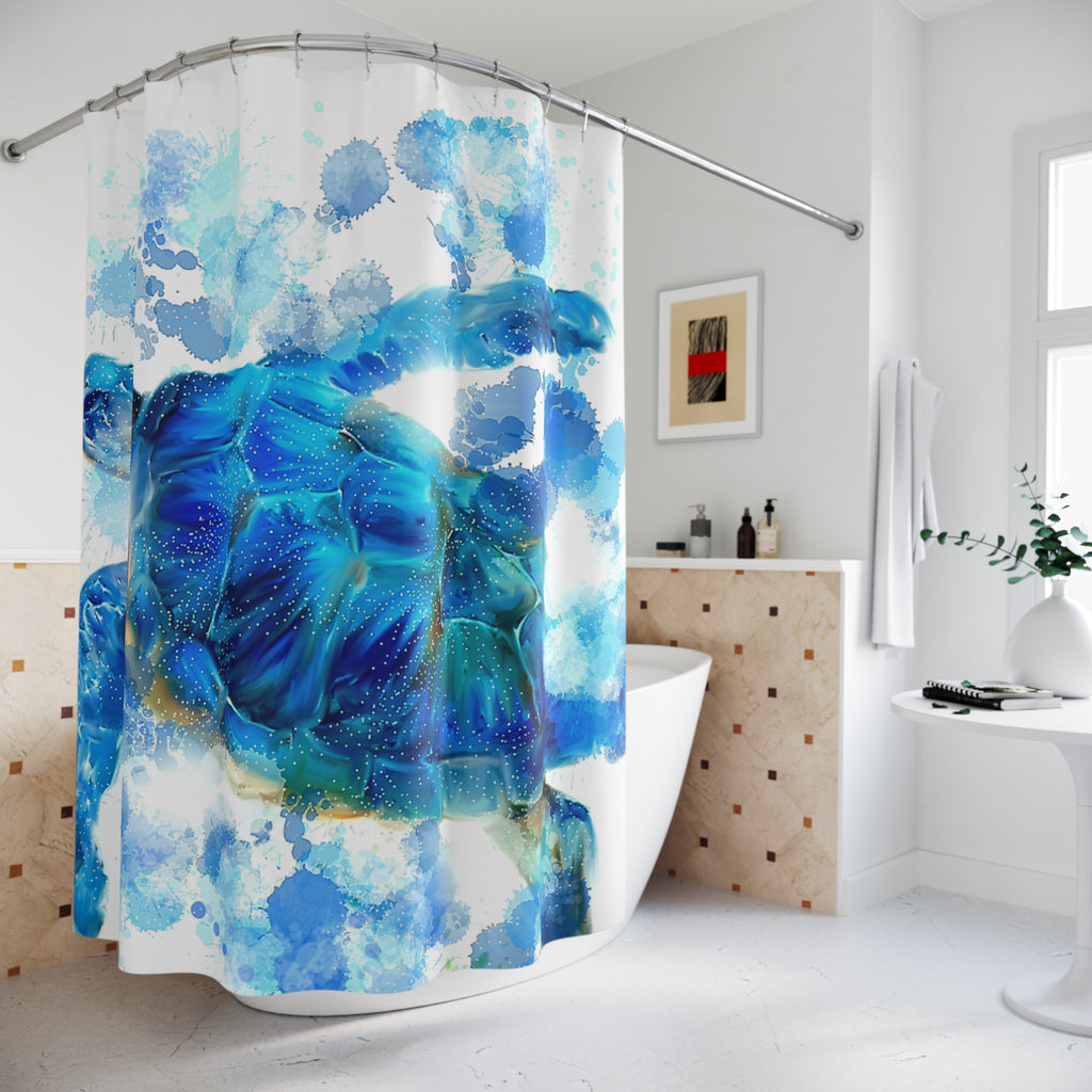 Sea Turtle Shower Curtain — Blue Watercolor Ocean Bath Decor