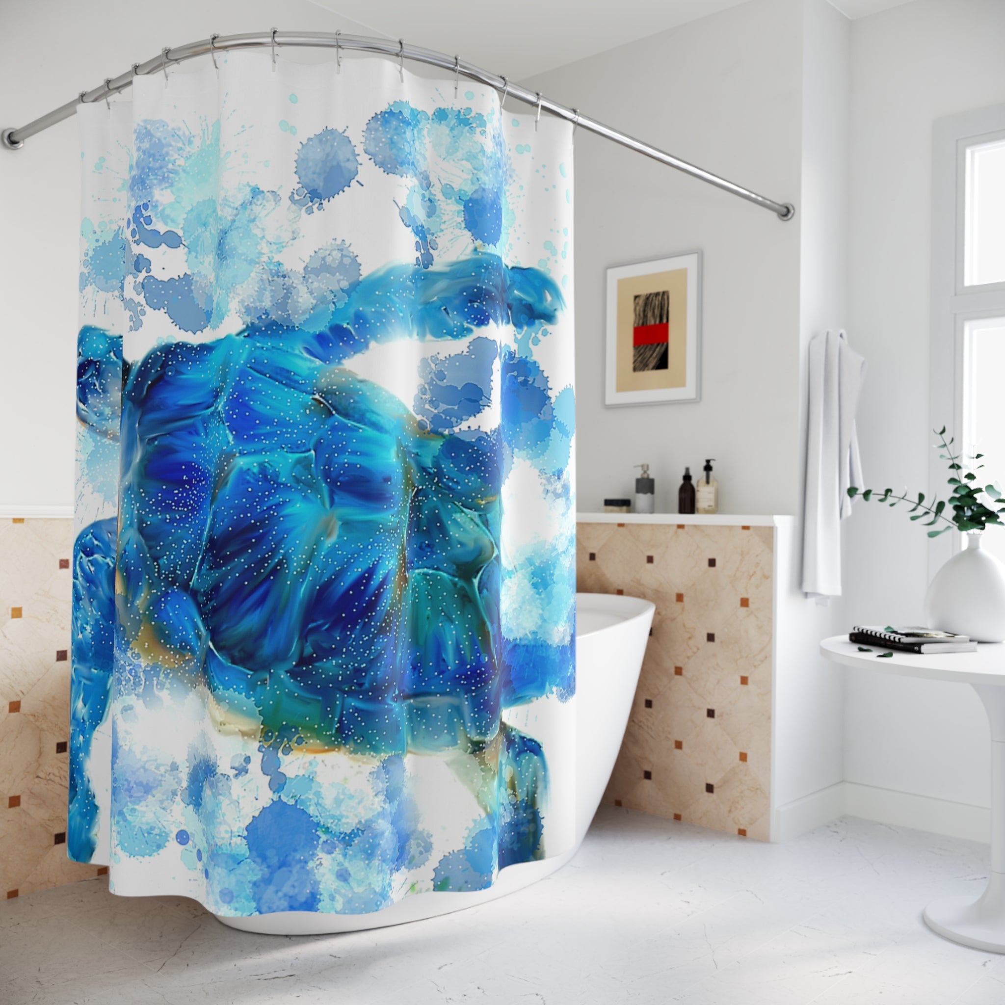 Sea Turtle Shower Curtain — Blue Watercolor Ocean Bath Decor