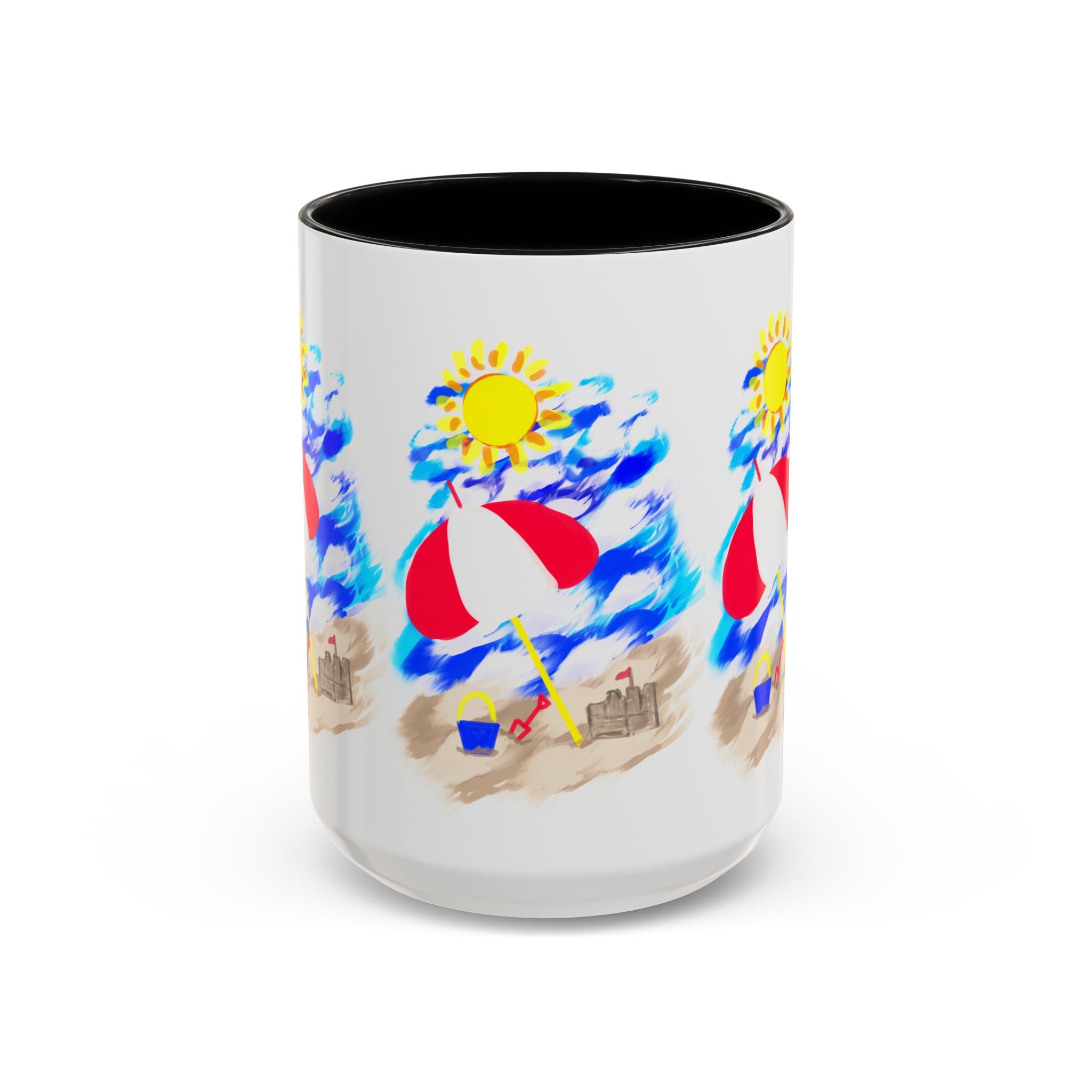 Beach Scene Coffee Mug – Summer Umbrella, Sun & Sandcastle Accent Mug