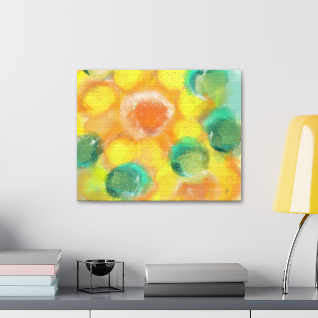 Abstract Sunshine Circles Canvas Art – Vibrant Yellow & Teal Stretched Wall Decor