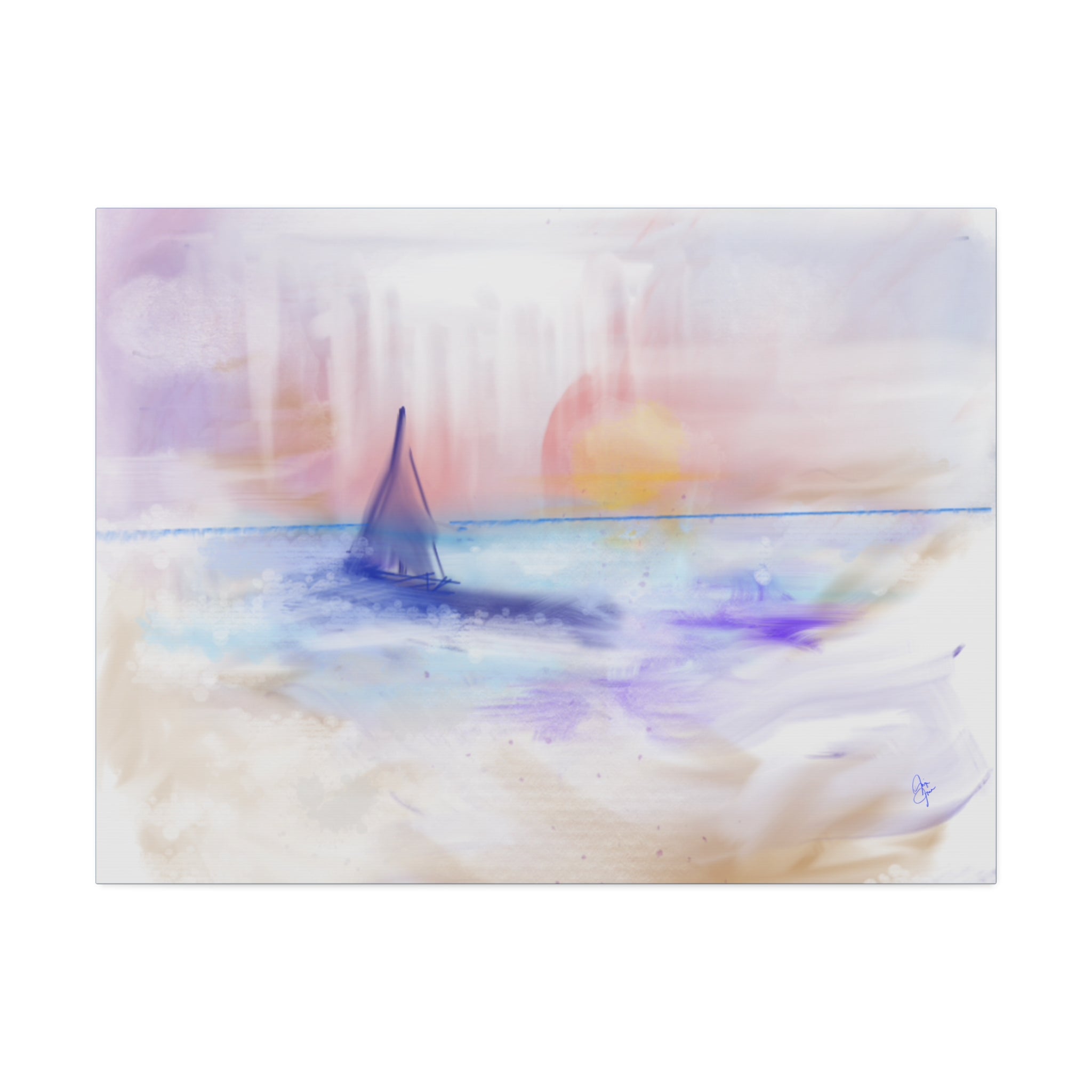 Watercolor Seascape Canvas Print — Dreamy Sailboat Sunset Wall Art