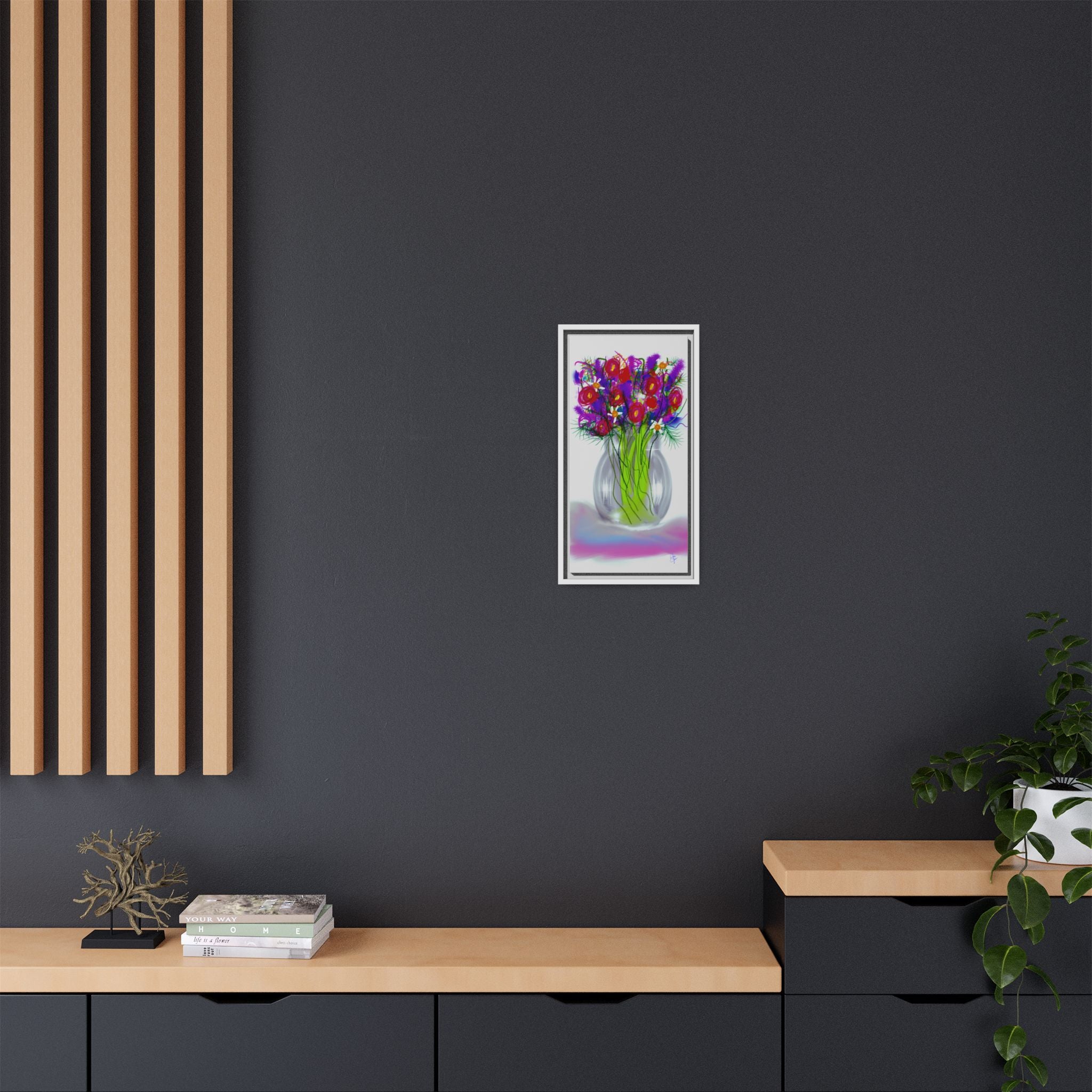 Framed Floral Bouquet Matte Canvas Wall Art — Colorful Abstract Flowers in Vase