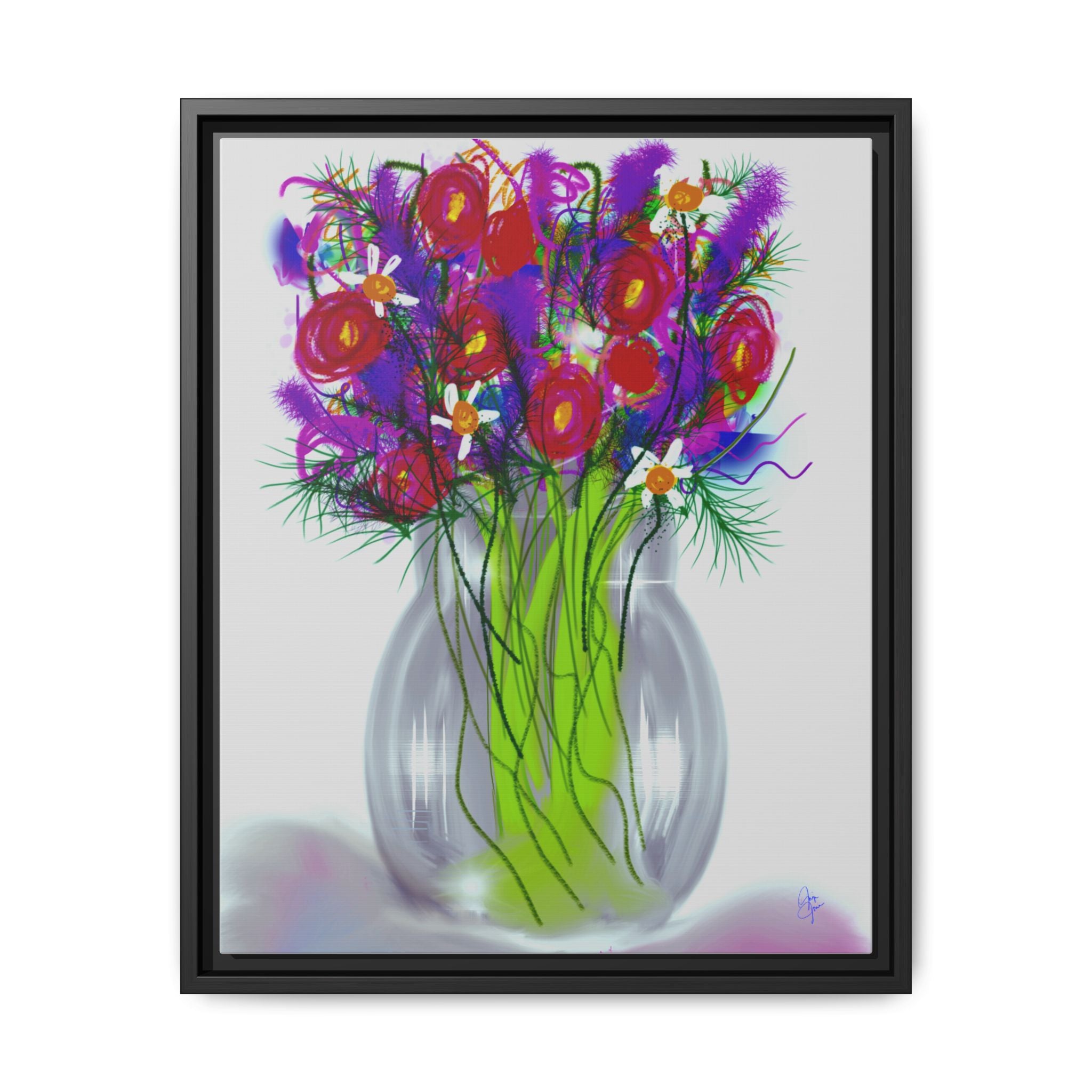 Framed Floral Bouquet Matte Canvas Wall Art — Colorful Abstract Flowers in Vase