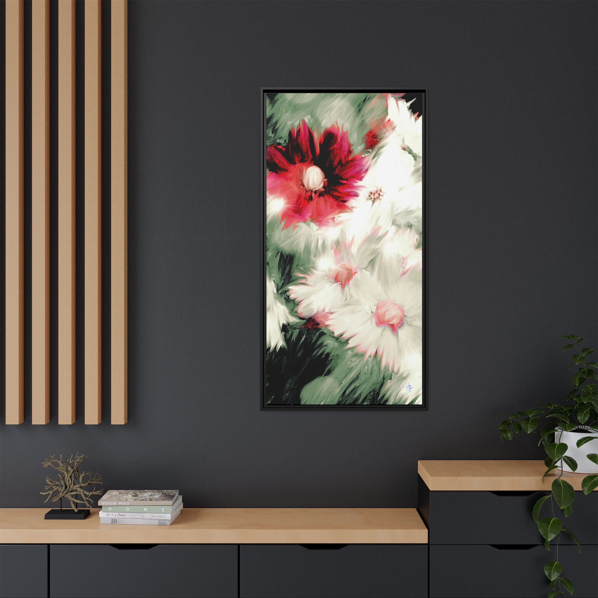 Framed Matte Canvas Print — Blurred Red & White Floral Art