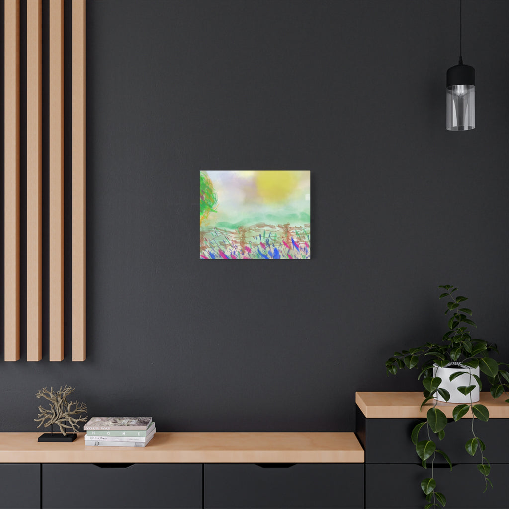 Sunlit Meadow Matte Canvas Wall Art — Pastel Landscape Stretched Canvas