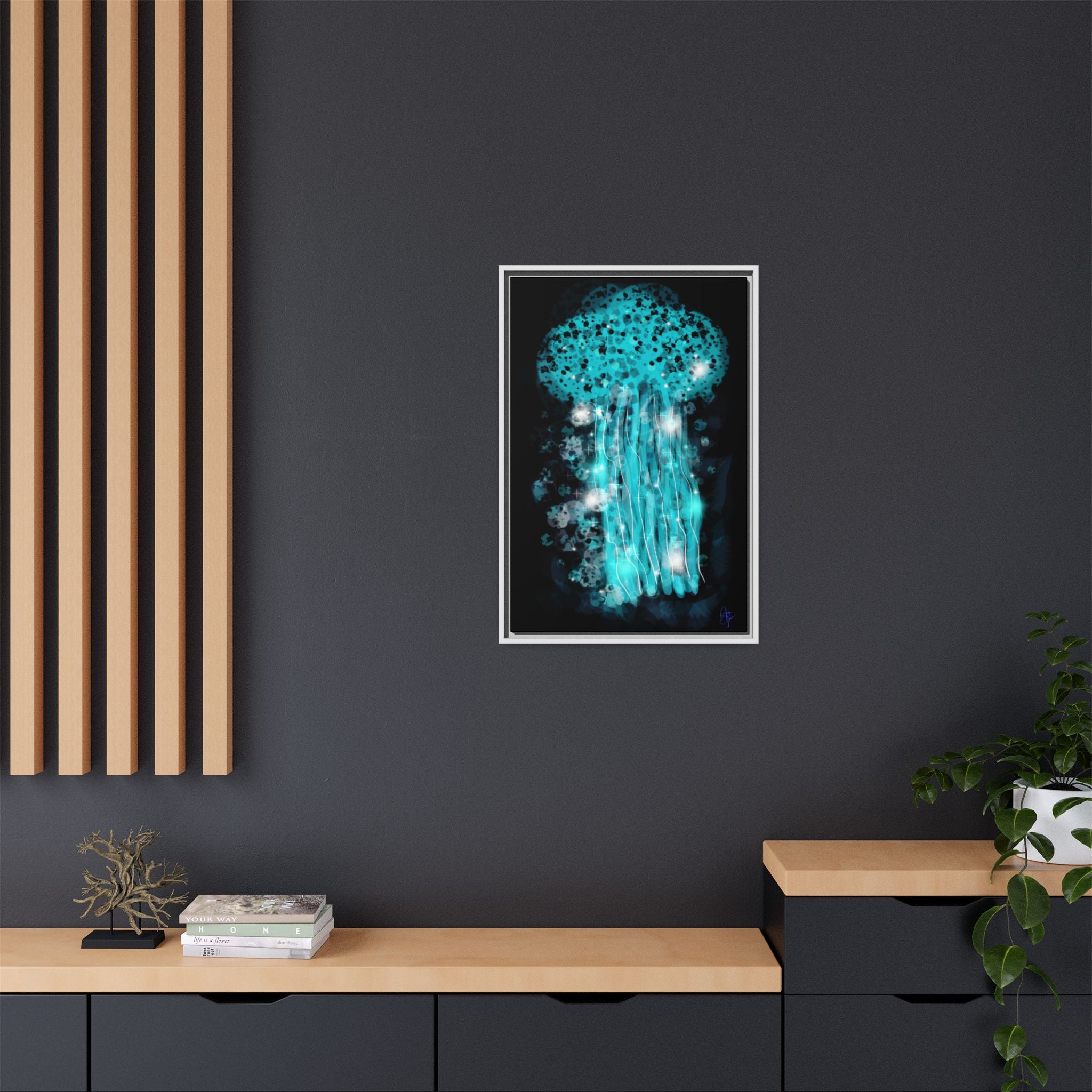 Glowing Jellyfish Art Print — Framed Matte Canvas