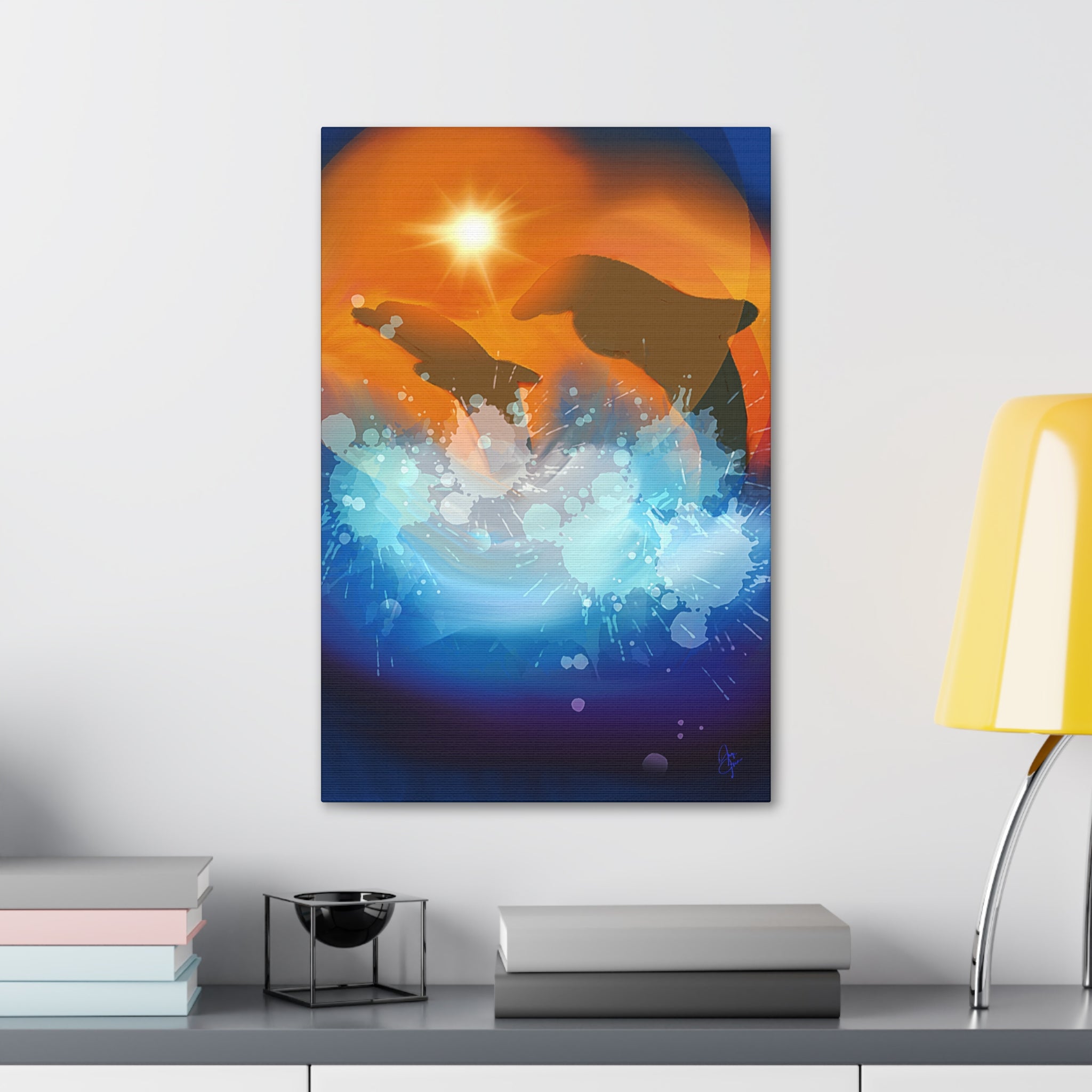 Sunset Dolphin Canvas Wall Art — Vibrant Ocean Sunset Stretch Canvas