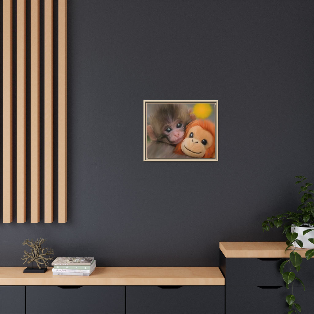 Framed Matte Canvas Print — Baby Monkey & Plush Orangutan Wall Art