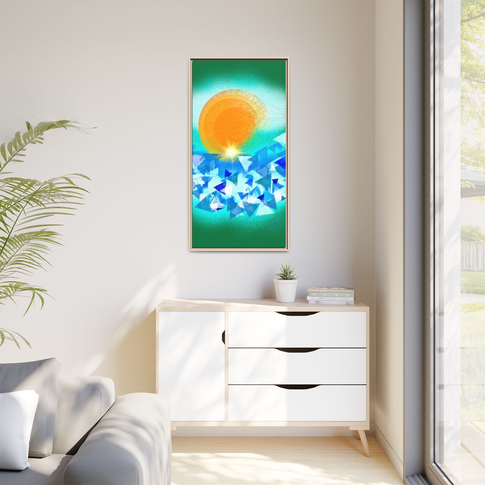 Abstract Sunrise Framed Canvas Art – Orange Sun Over Blue Geometric Waves