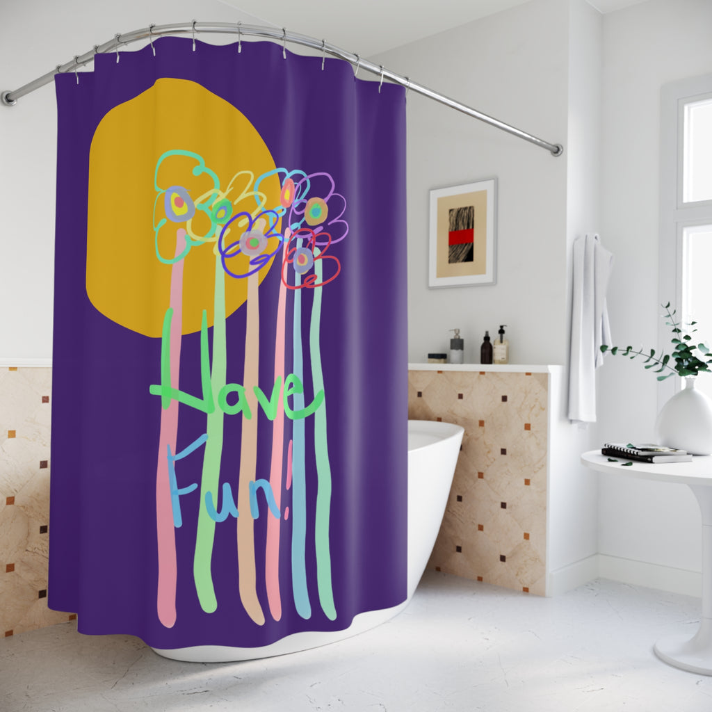 Playful Floral Shower Curtain — Colorful ‘Have Fun’ Sunflower Design