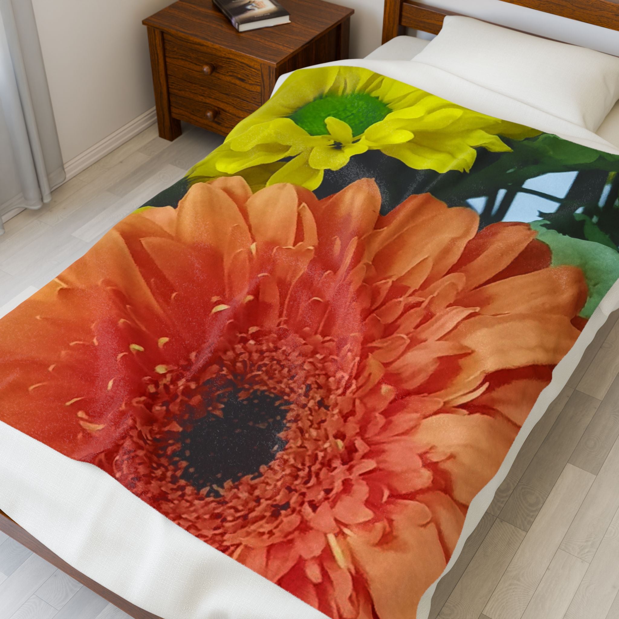 Velveteen Plush Blanket — Bright Orange Gerbera & Yellow Daisy Floral Throw