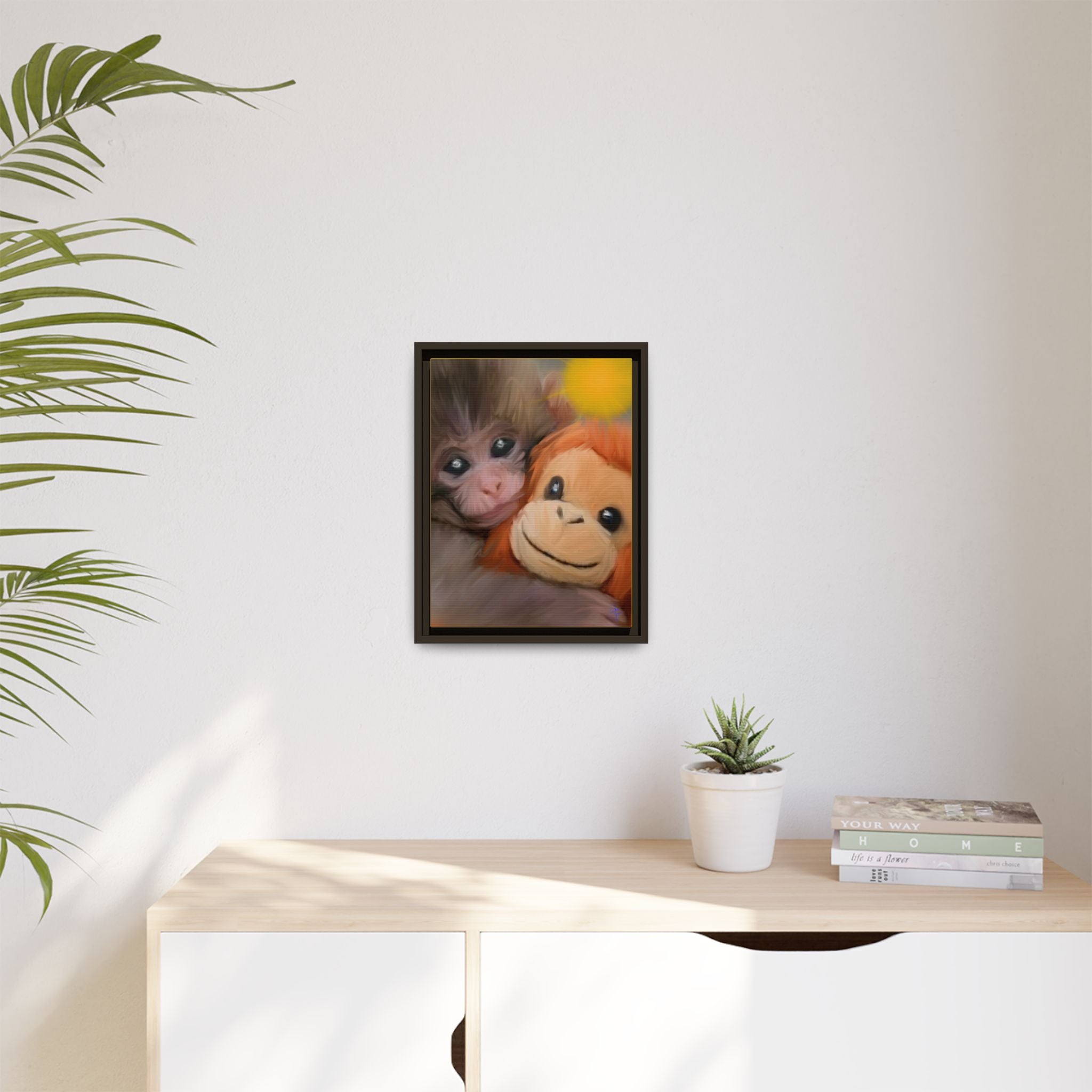 Framed Matte Canvas Print — Baby Monkey & Plush Orangutan Wall Art