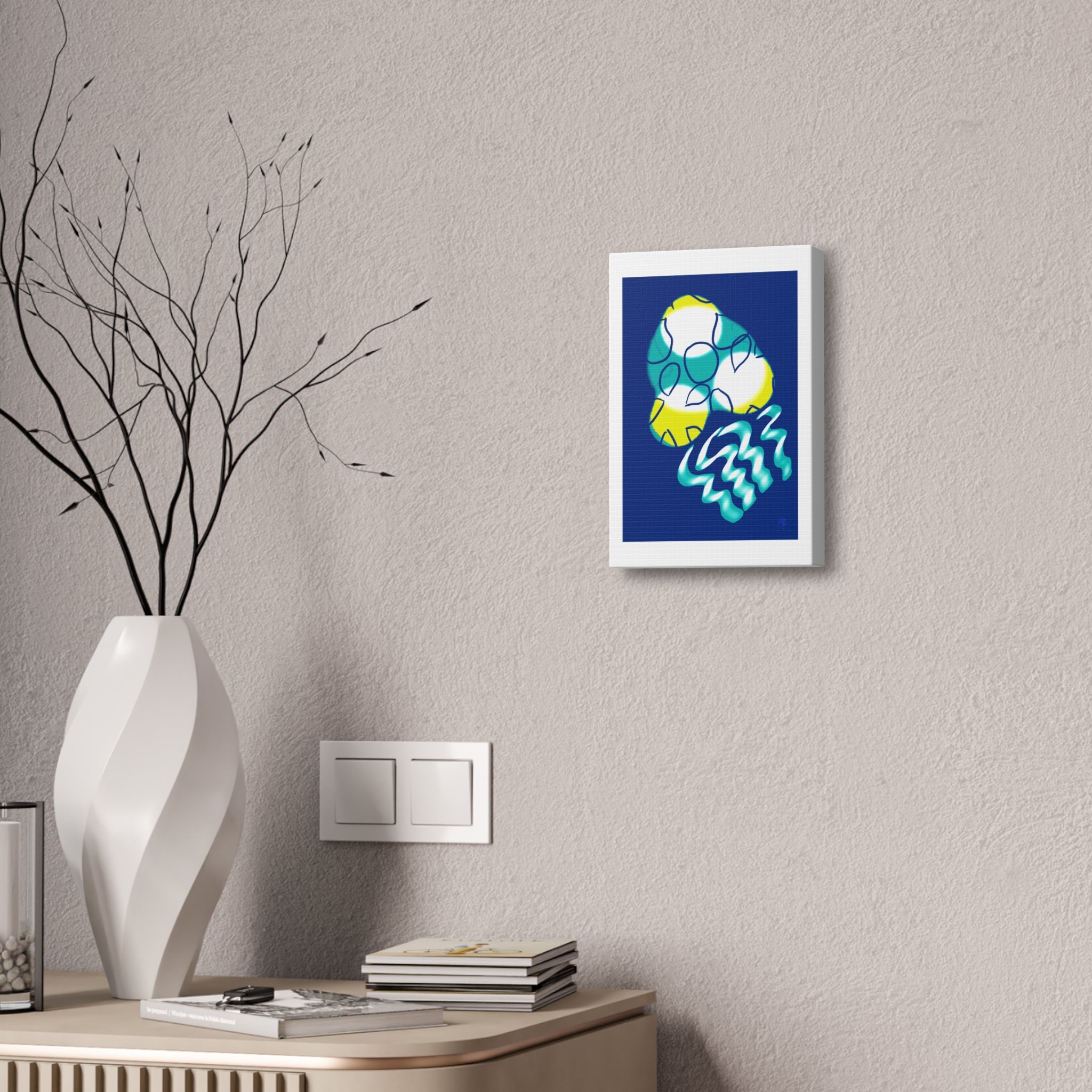 Abstract Ocean Waves Jellyfish Canvas Art — Blue & Teal Modern Wall Decor, Stretched 1.5"