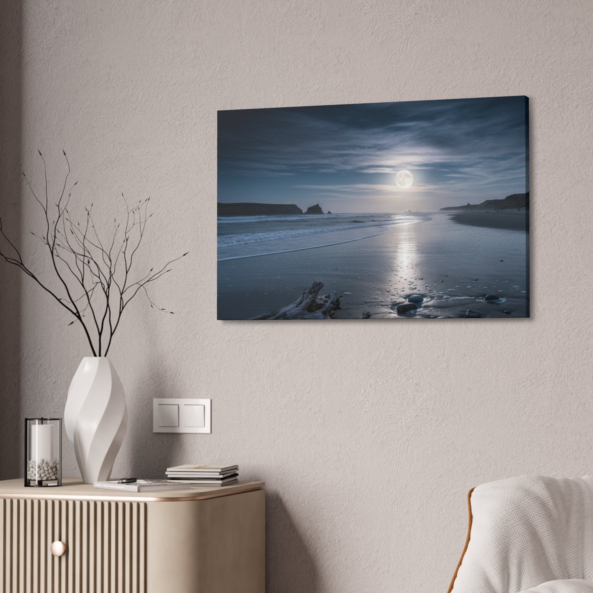 Moonlit Beach Canvas Wall Art — Tranquil Ocean Nightscape