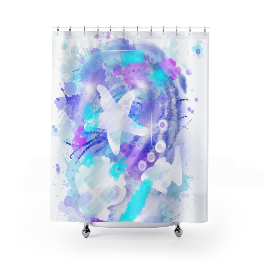 Ocean Watercolor Shower Curtain — Teal & Lavender Starfish Bathroom Decor