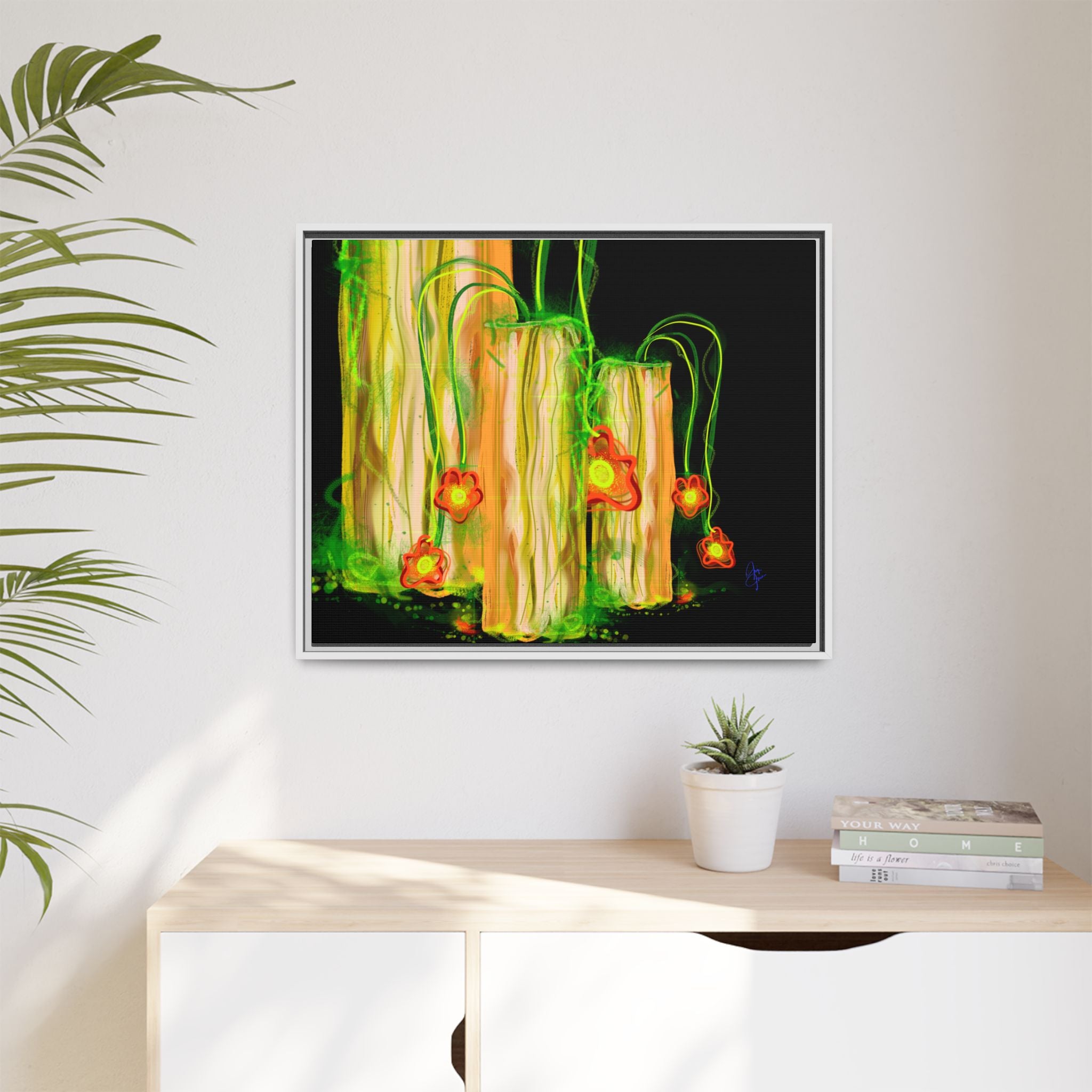 Framed Matte Canvas Print — Neon Floral Candlelight Art