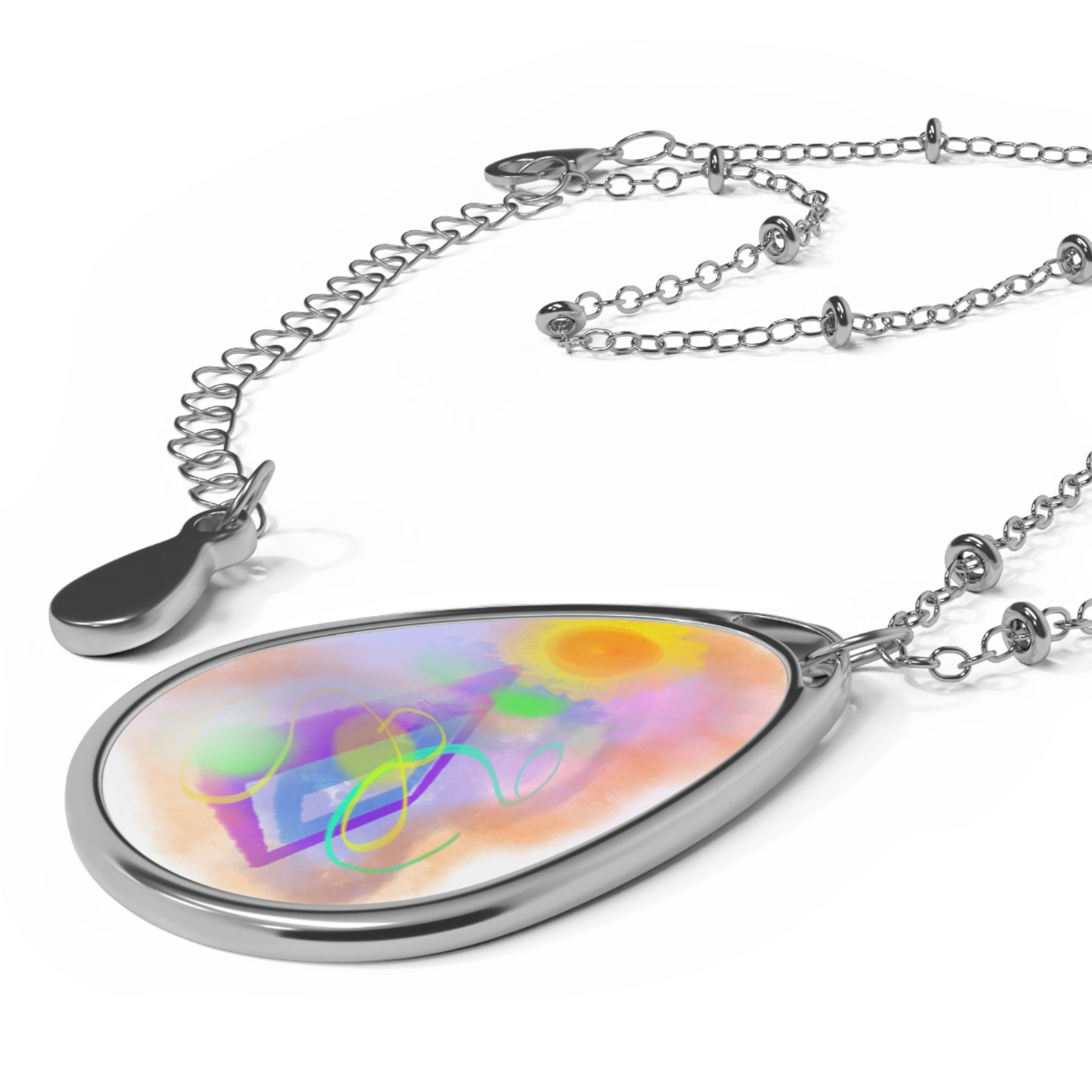 Oval Necklace - Iridescent Abstract Teardrop Pendant Necklace