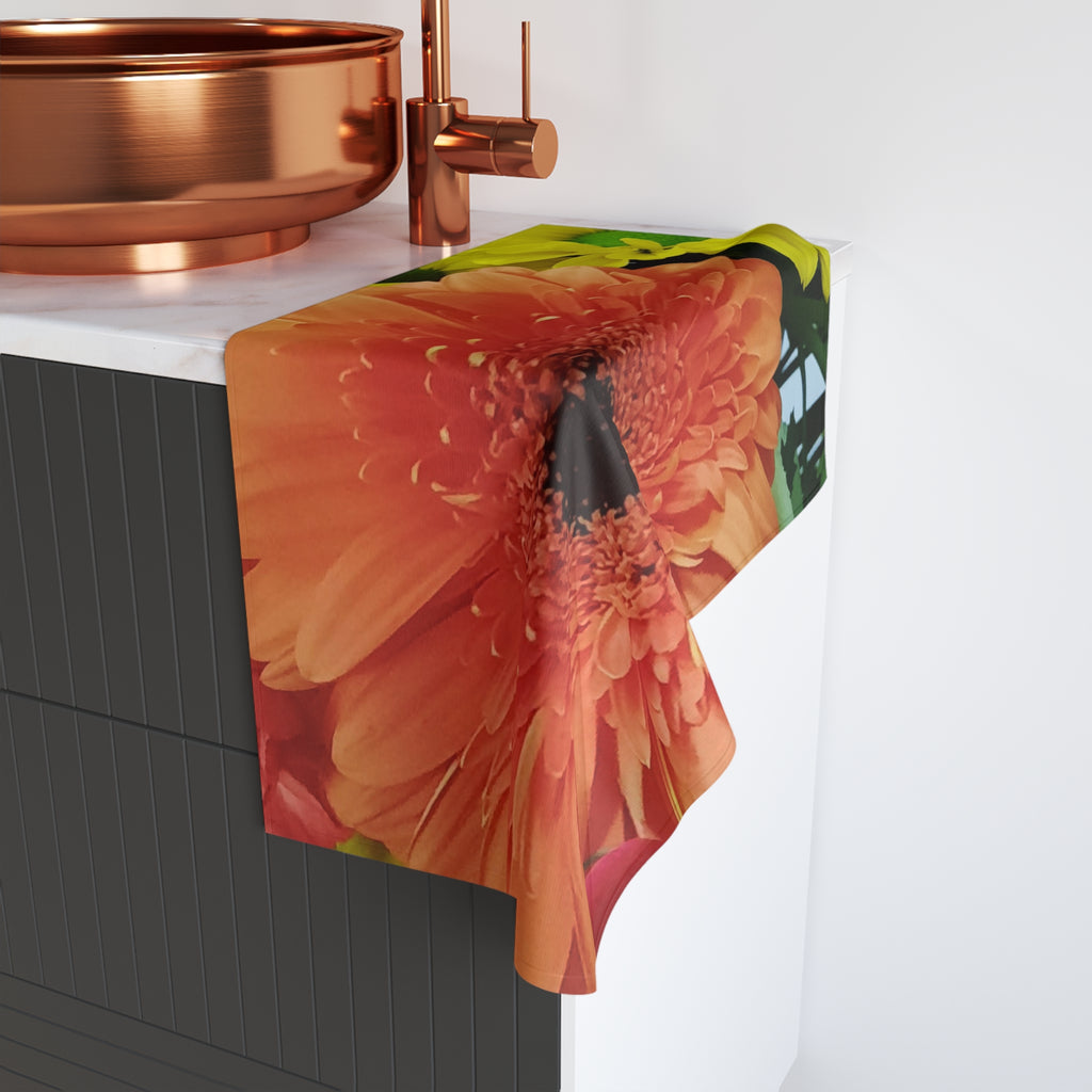 Gerbera Daisy Hand Towel — Bright Orange Floral Kitchen or Bath Accent