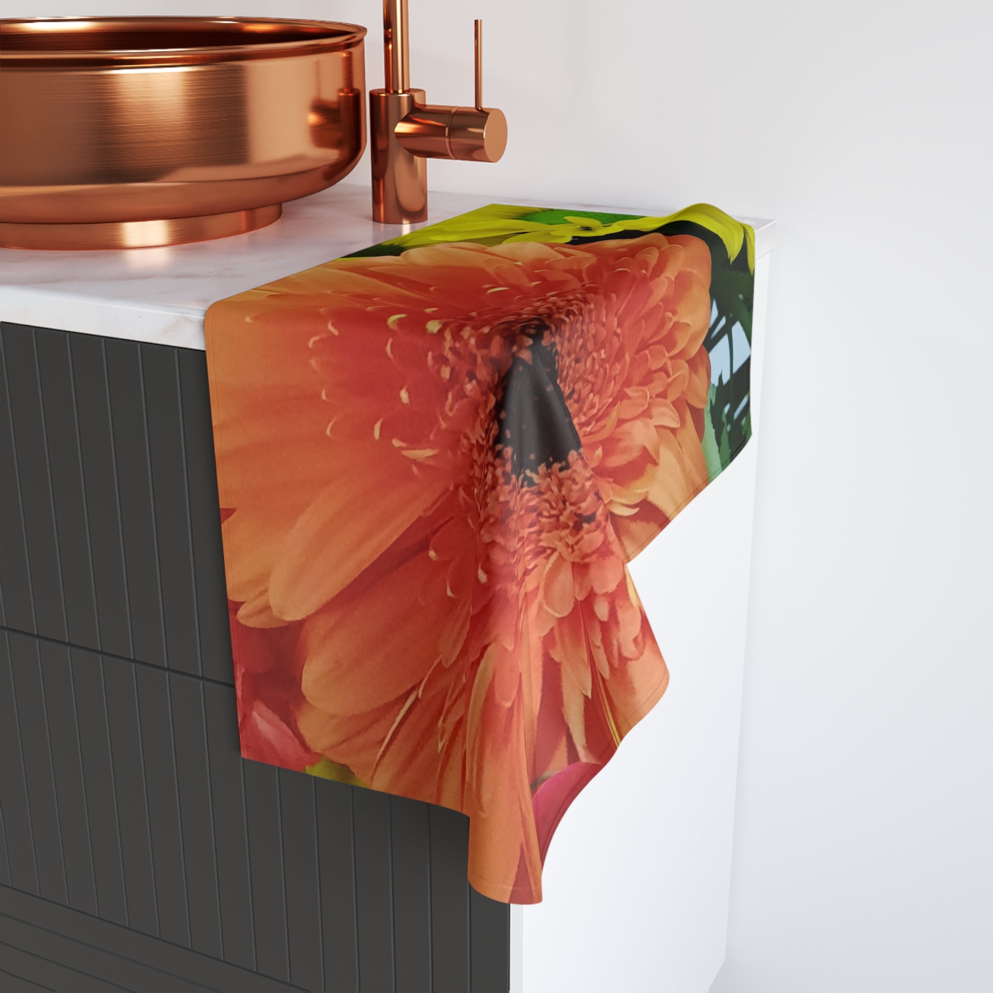Gerbera Daisy Hand Towel — Bright Orange Floral Kitchen or Bath Accent