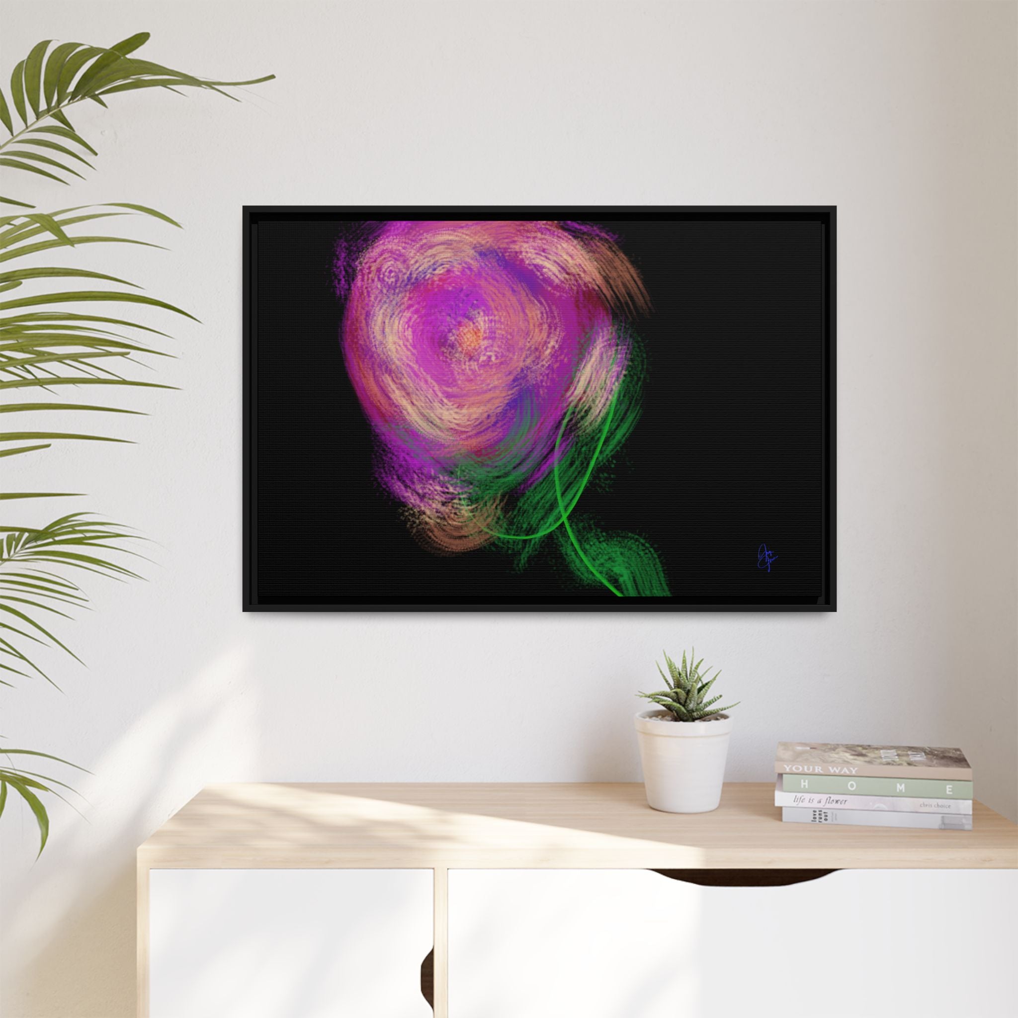 Abstract Rose Swirl Matte Framed Canvas — Multicolor Floral Wall Art