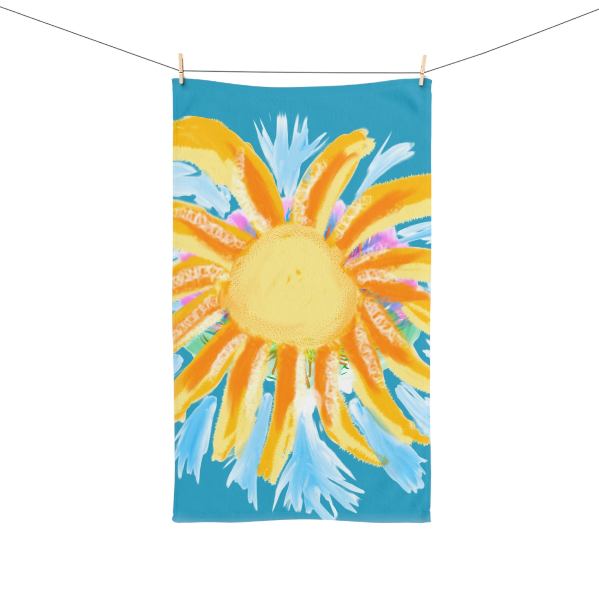 Sunburst Floral Hand Towel — Bright Watercolor Sunflower Kitchen & Bath Towel