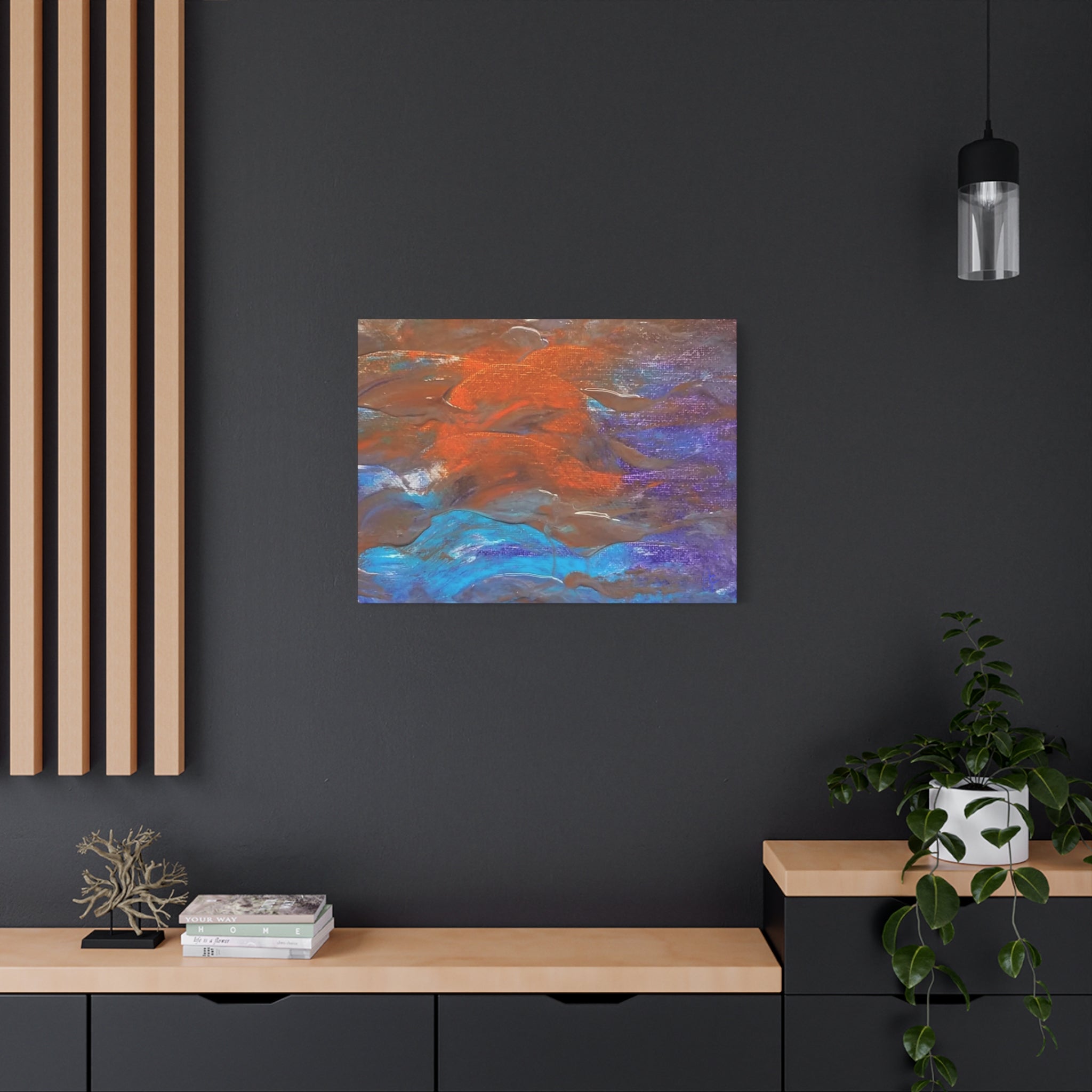 Abstract Ocean Waves Matte Canvas Art - Blue & Orange Textured Stretched Canvas