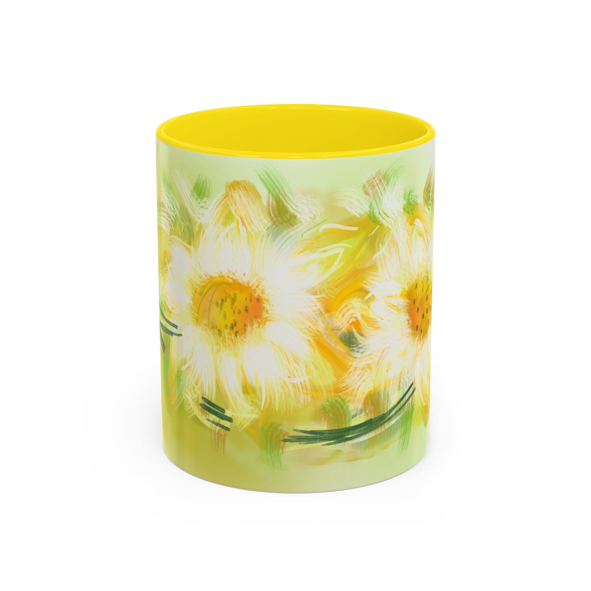 Sunlit Daisy Accent Coffee Mug — Yellow Floral 11/15oz