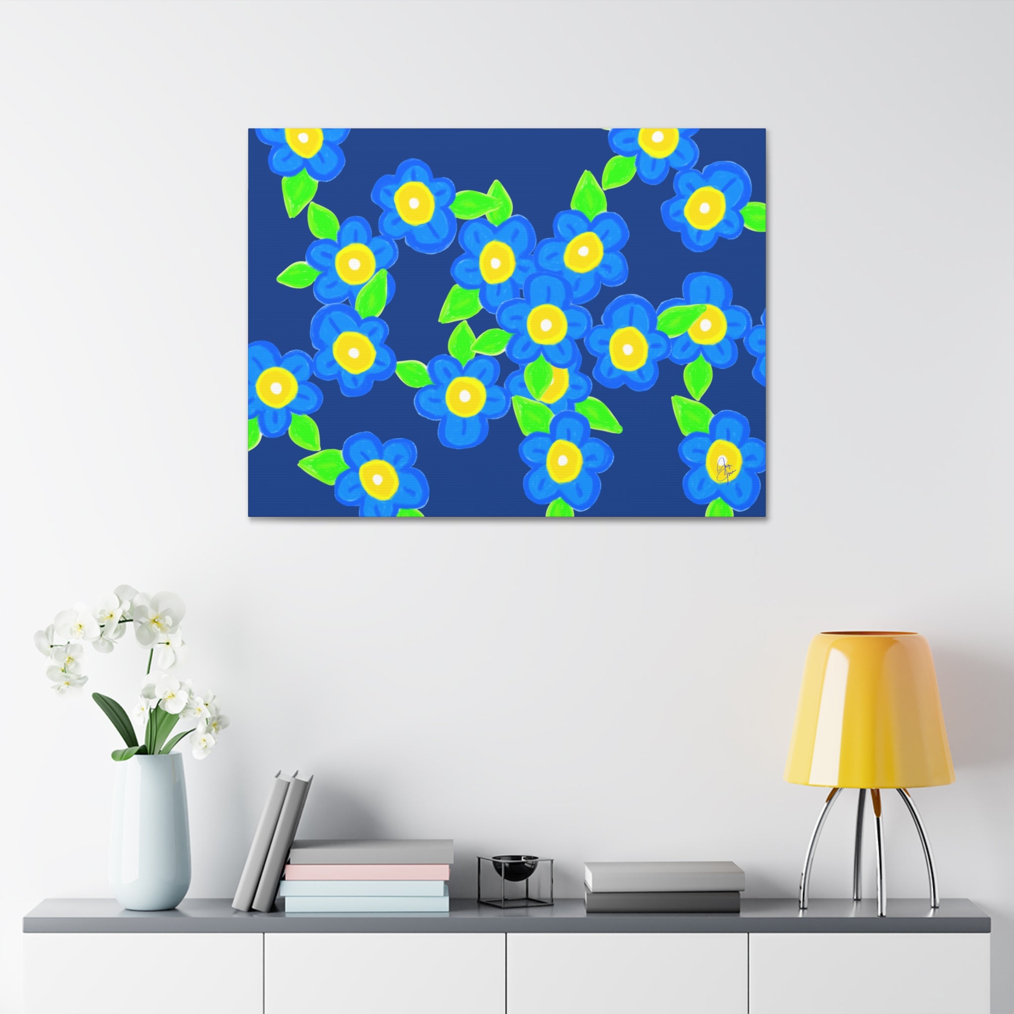 Blue Floral Canvas Wall Art — Bright Hand-Drawn Flowers on Mustard Background