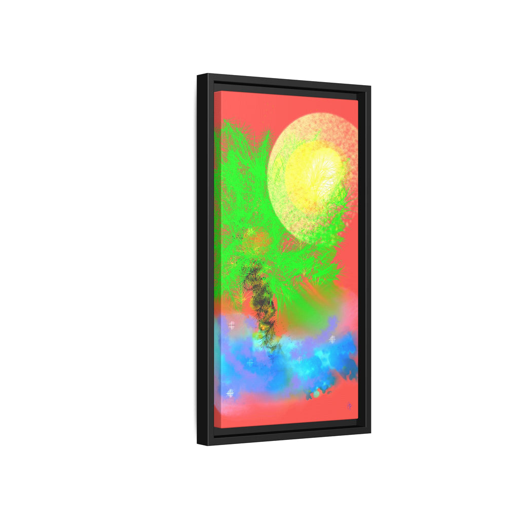 Abstract Neon Tree Matte Canvas Framed Art — Vibrant Green Moon Landscape