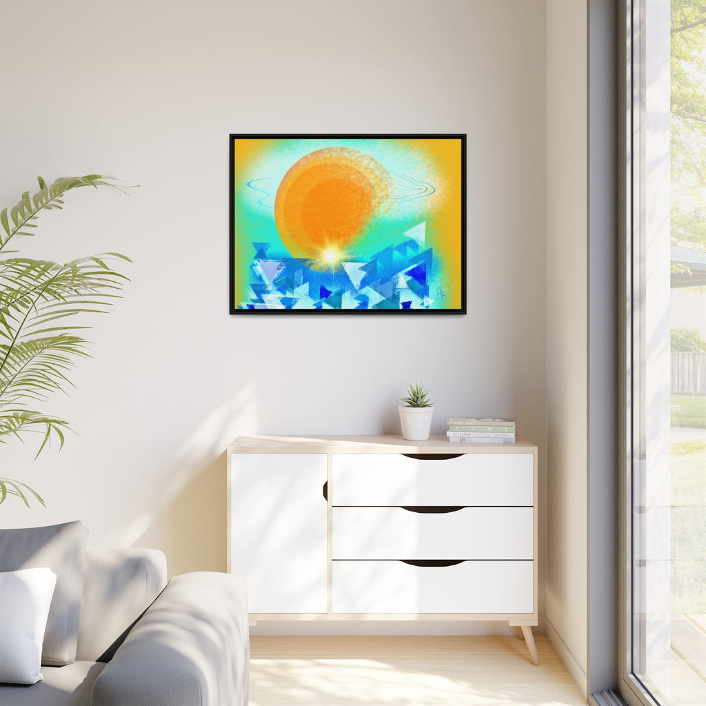Abstract Sunrise Framed Canvas Art – Orange Sun Over Blue Geometric Waves