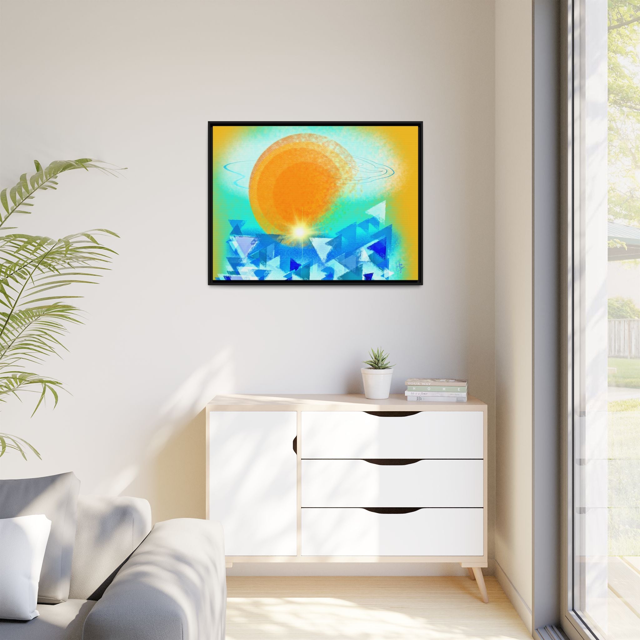 Abstract Sunrise Framed Canvas Art – Orange Sun Over Blue Geometric Waves