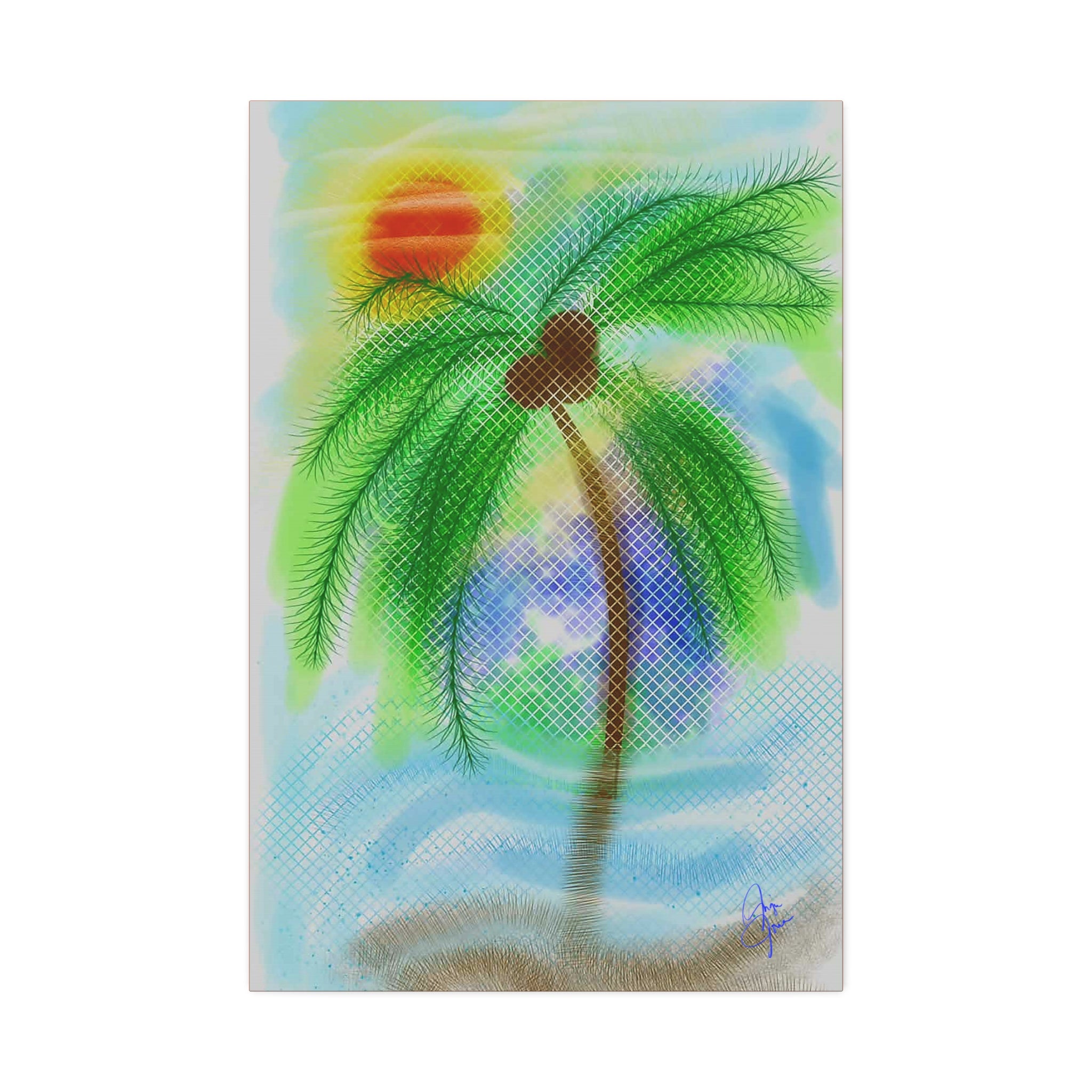 Tropical Palm Canvas Print – Heart Coconut Sunset Wall Art, Stretched 1.5"