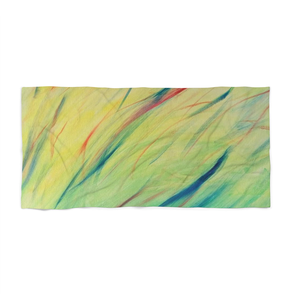 Abstract Tropical Wave Beach Towel — Yellow Green Swirl Design