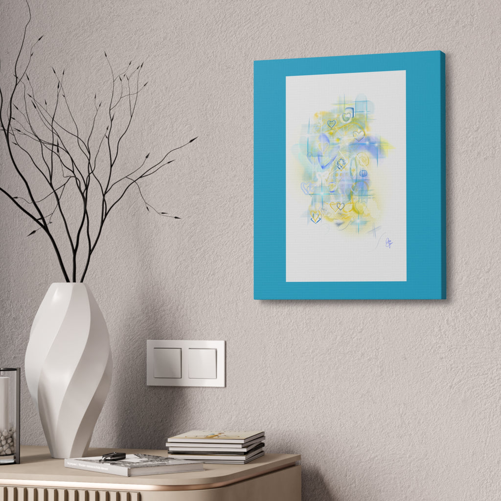 Pastel Heart Abstract Canvas Print — Blue & Yellow Stretched Wall Art (1.5")