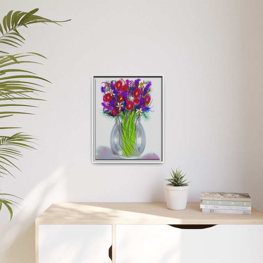 Framed Floral Bouquet Matte Canvas Wall Art — Colorful Abstract Flowers in Vase
