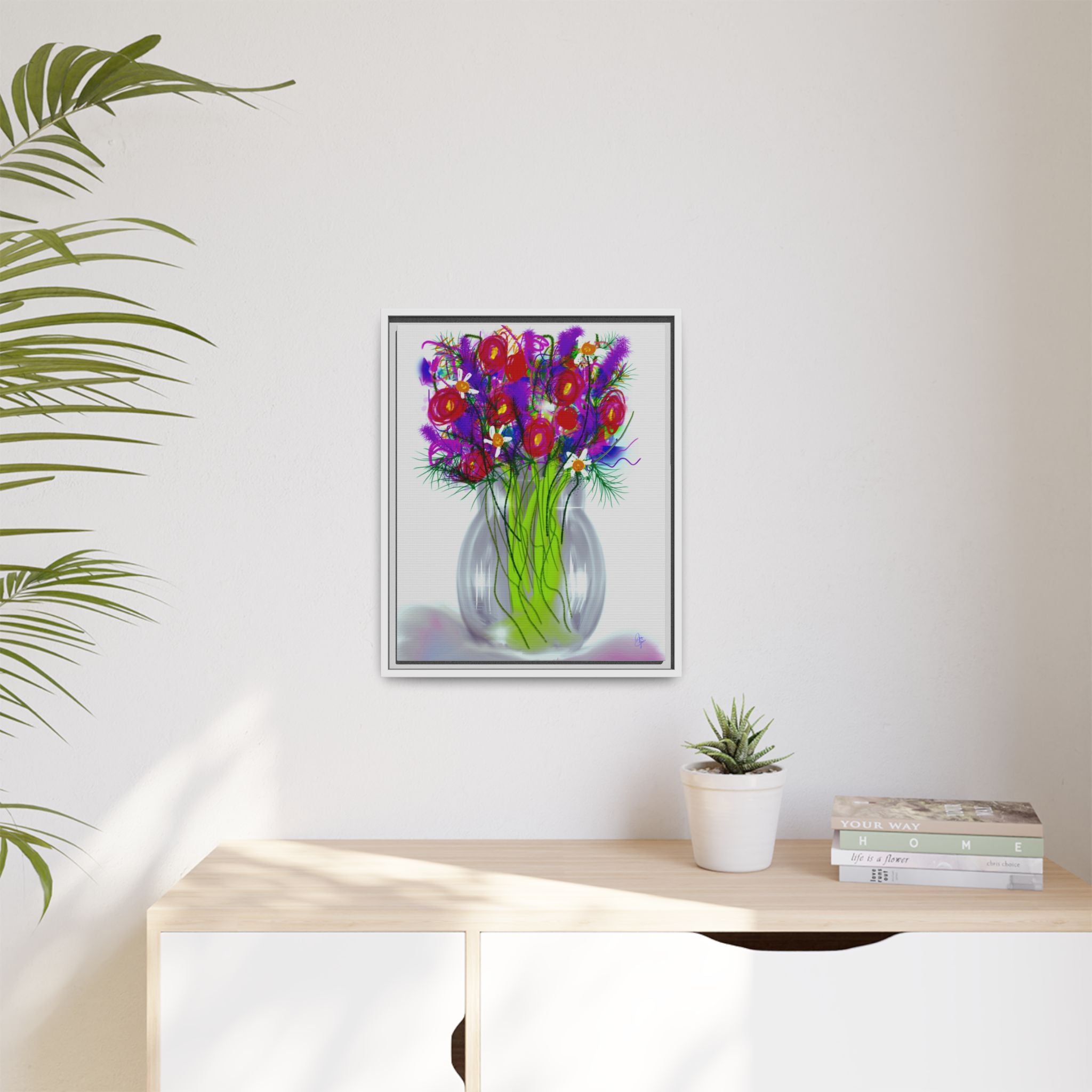 Framed Floral Bouquet Matte Canvas Wall Art — Colorful Abstract Flowers in Vase