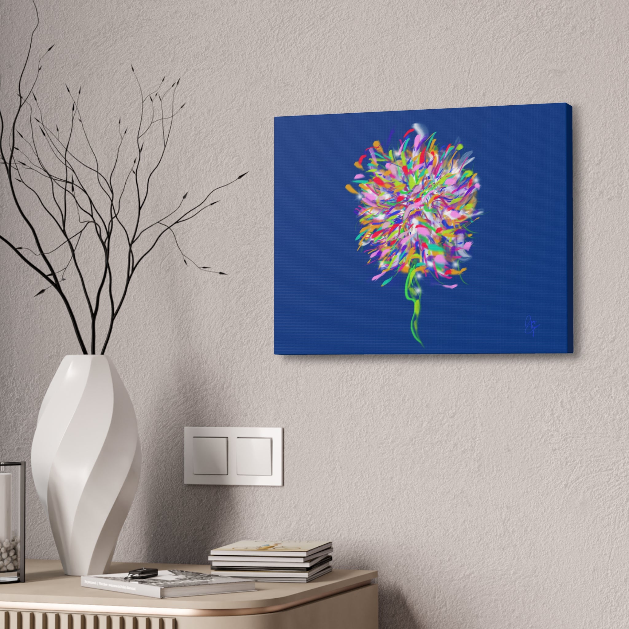 Abstract Floral Burst Canvas Print — Colorful Flower Wall Art on Deep Blue
