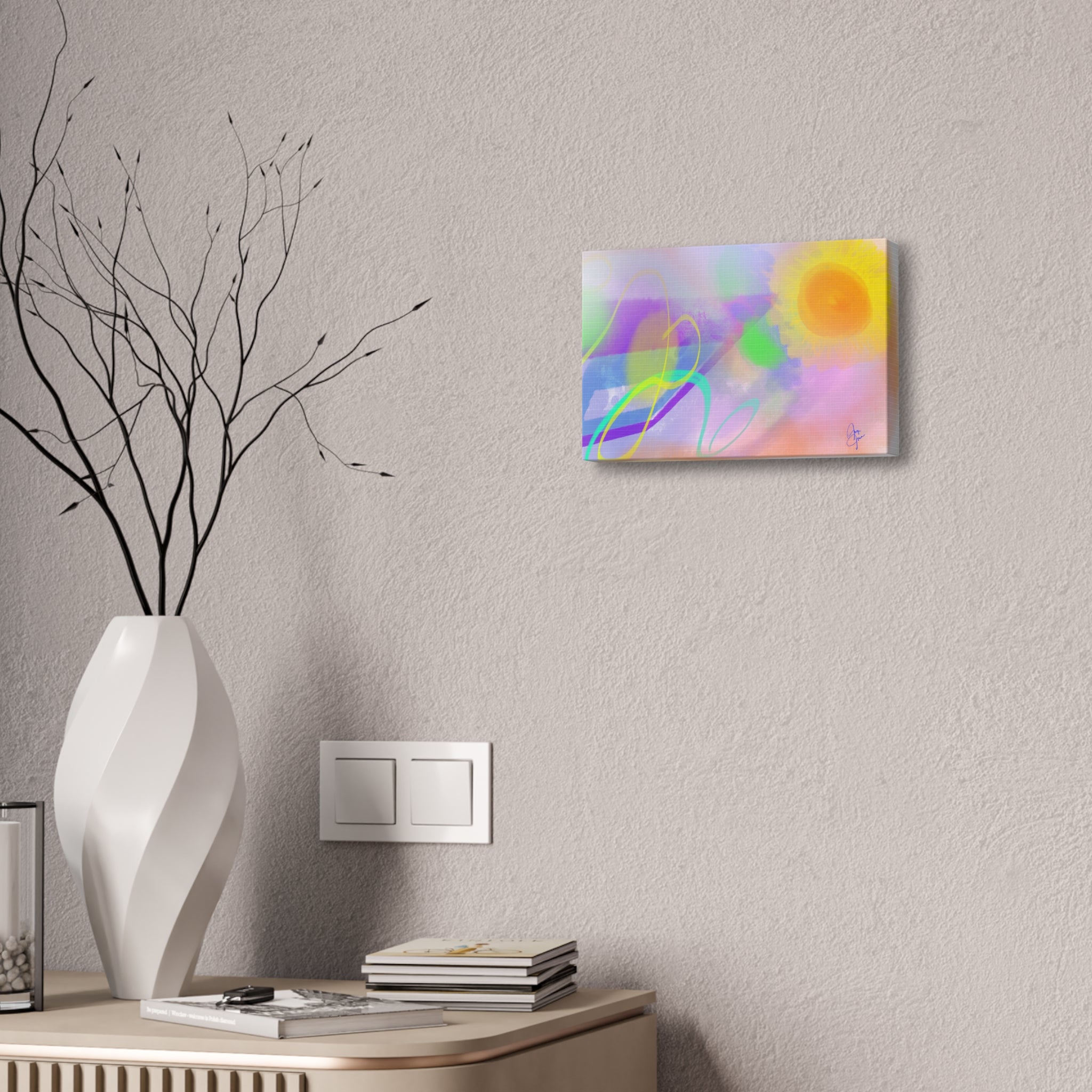 Abstract Sunrise Canvas Wall Art – Bright Pastel Sun & Swirls (1.5" Stretched)