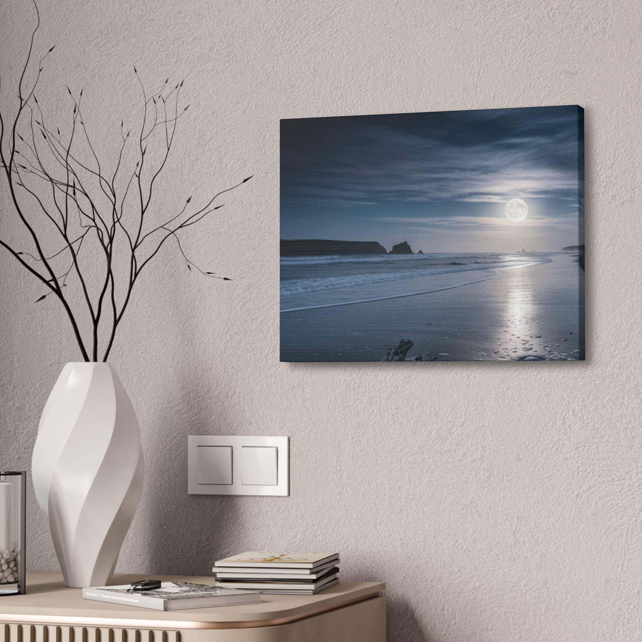 Moonlit Beach Canvas Wall Art — Tranquil Ocean Nightscape