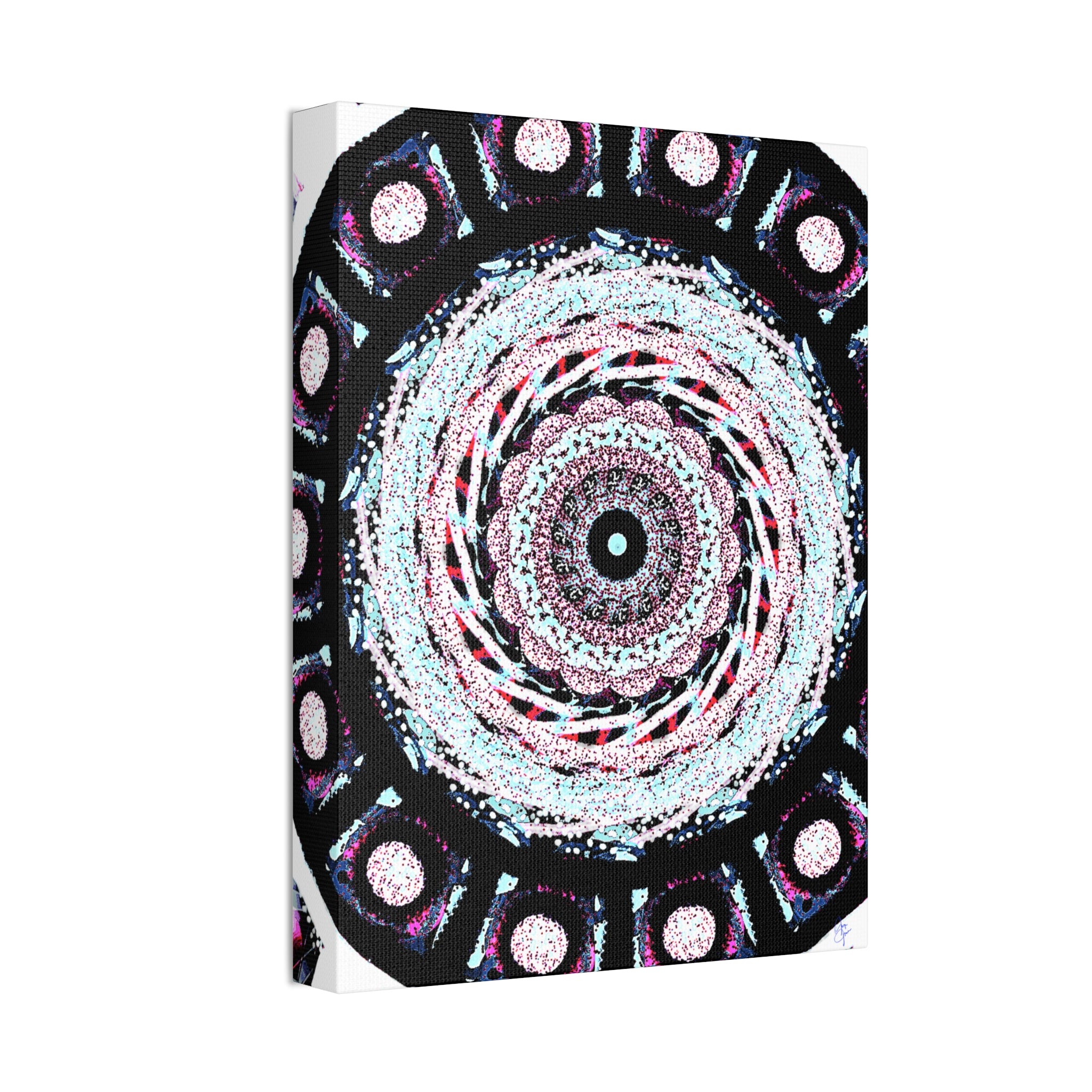 Mandala Kaleidoscope Canvas Wall Art — Psychedelic Pink & Teal Stretched Canvas (1.5")