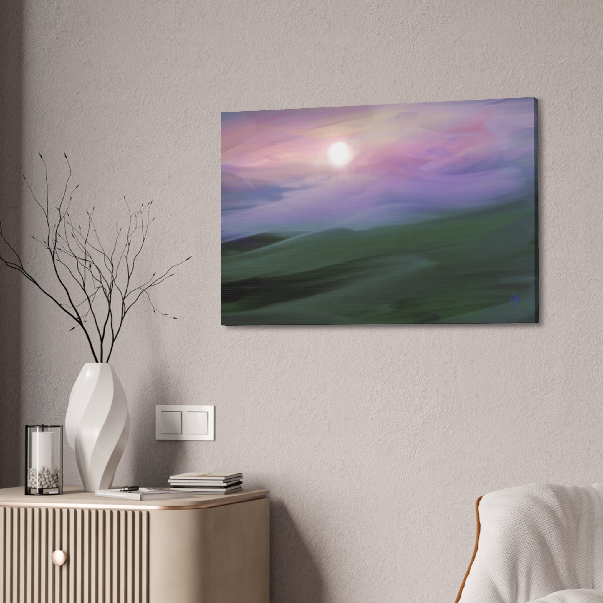 Sunrise Mist Landscape Canvas Print — Serene Pastel Wall Art