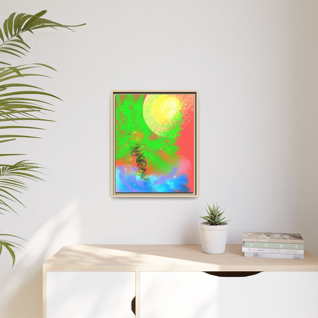 Abstract Neon Tree Matte Canvas Framed Art — Vibrant Green Moon Landscape